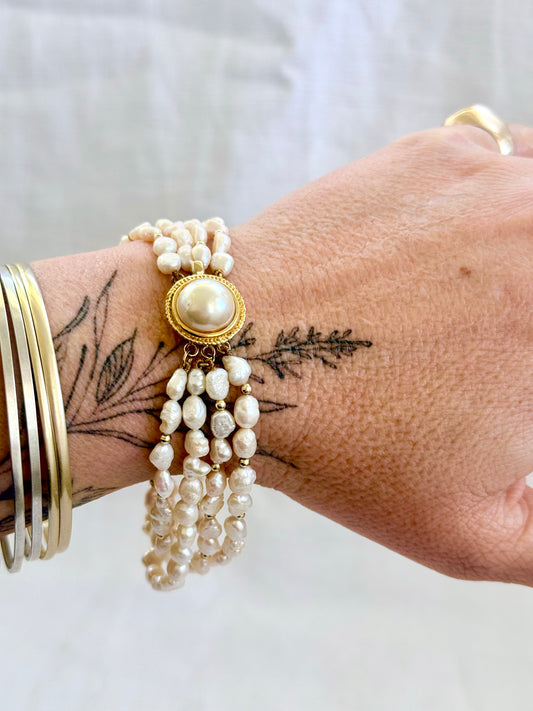 .4 strand .925 silver Gold Plated freshwater rice pearl multi strand vintage 1970s style pearl bracelet
