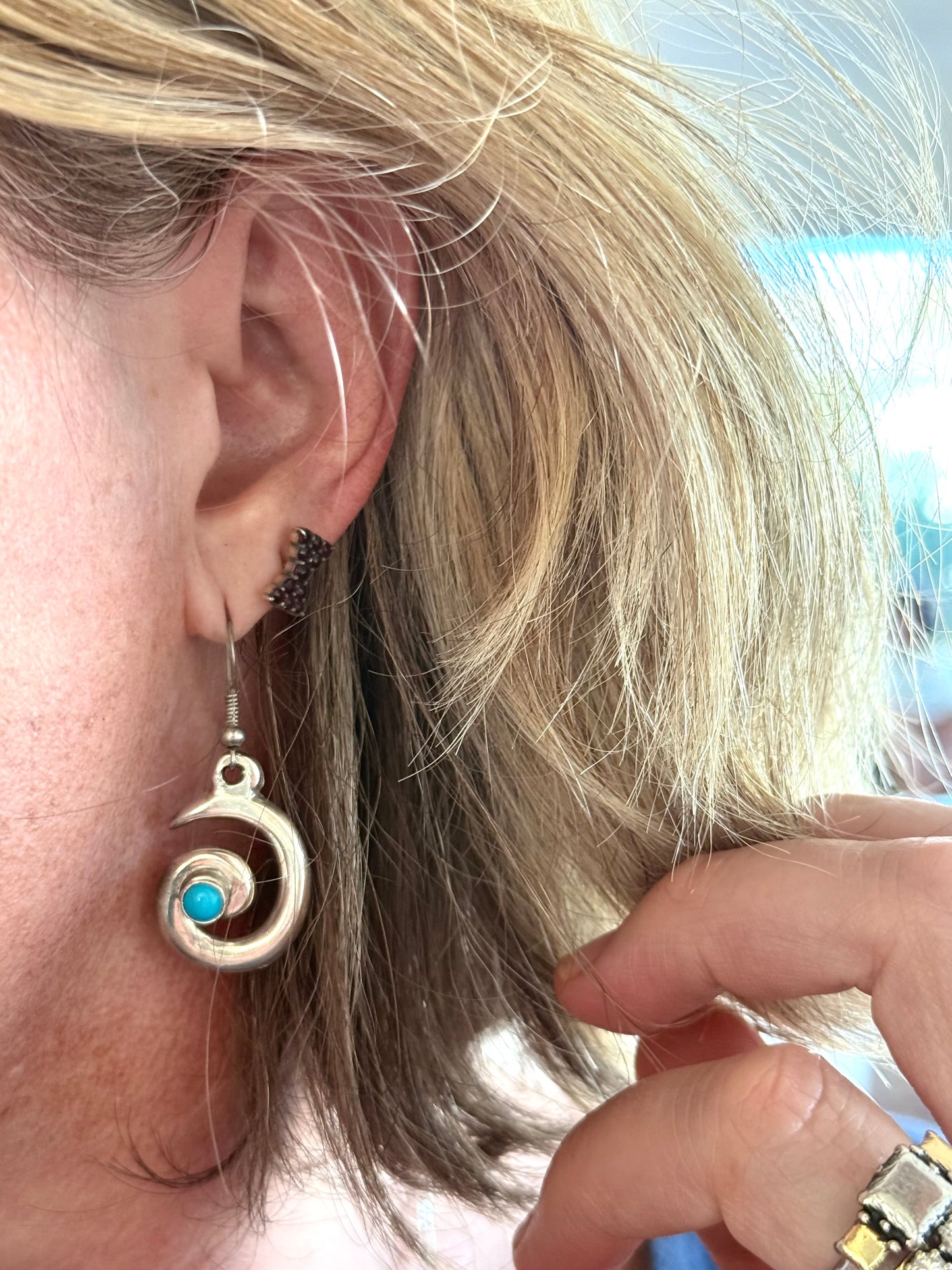 .1970s .925 artisan made Navajo silversmith turquoise silver swirl pattern necklace and designer Mildred Parkhurst earring set