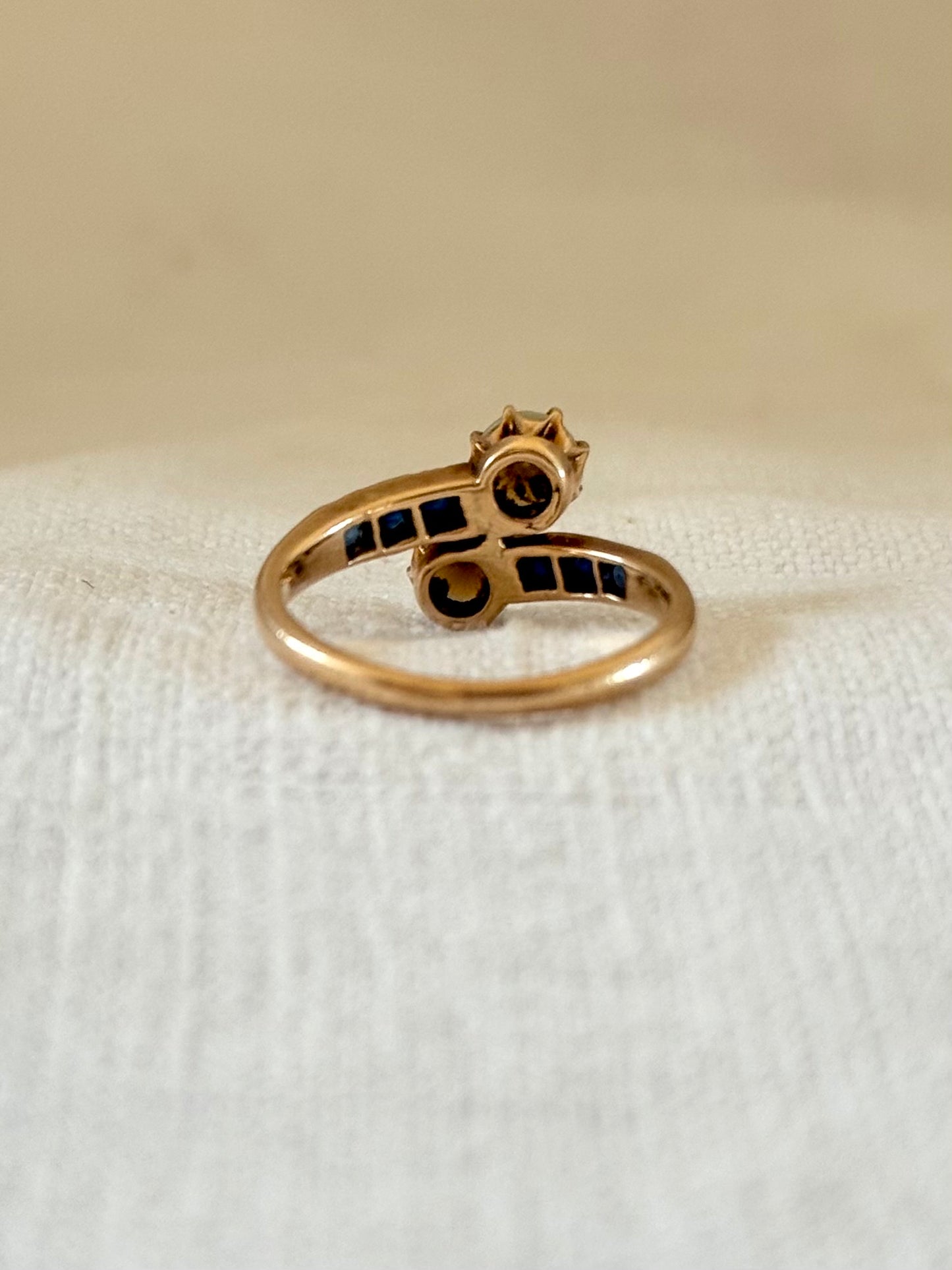 .14ct .1880s .1900s .585 gold antique Victorian Edwardian treasure Toi et Moi double pearl and sapphire bypass sweetheart commitment ring