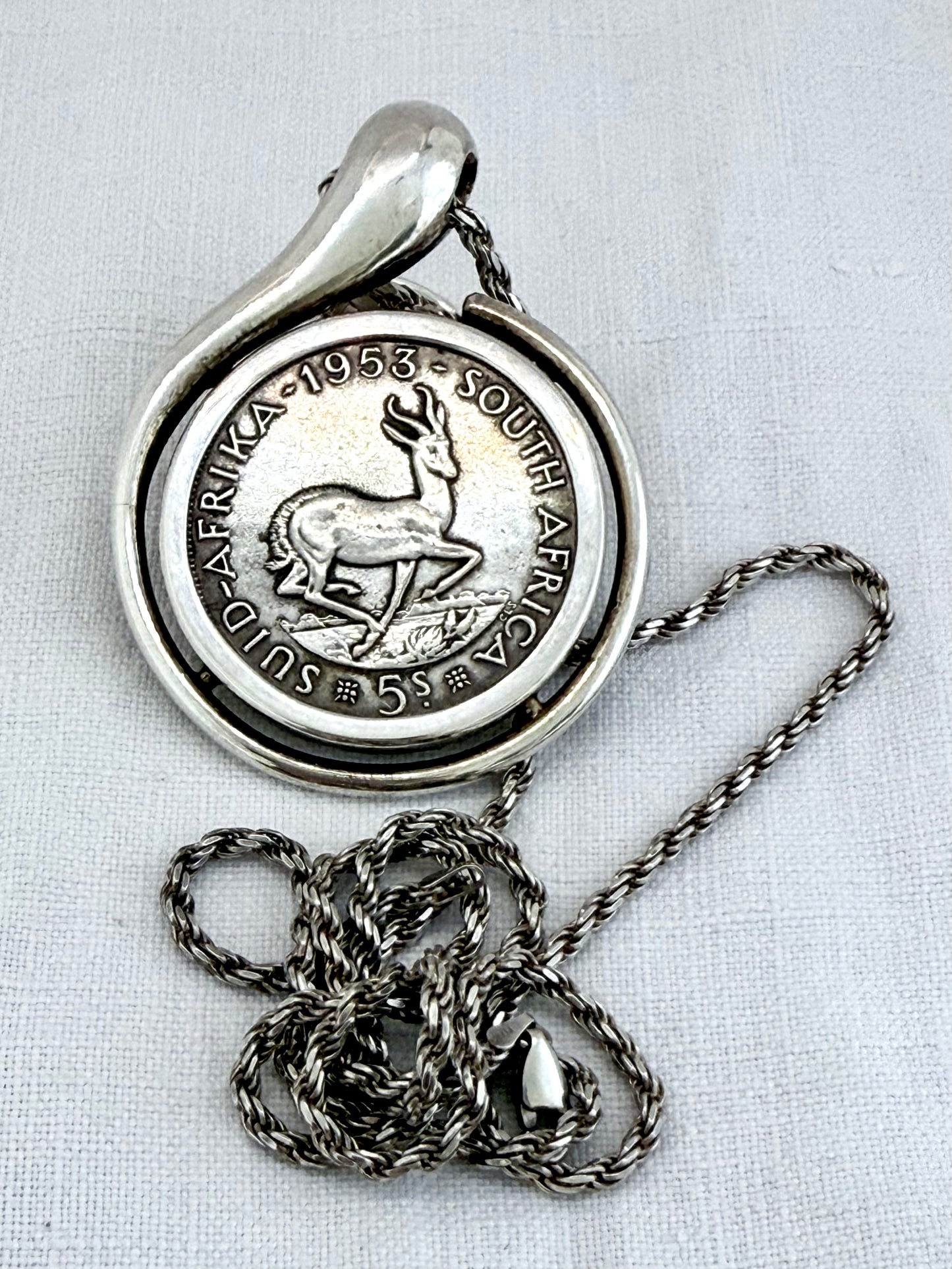 .1953 .500 silver and .925 silver large modernist statement South African 5 Shillings Silver Coin pendant and long rope weave chain necklace