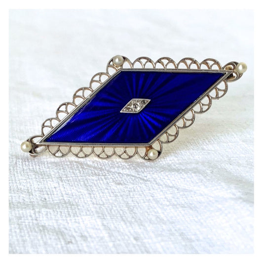 .585 14ct 1900s antique 3 diamond 4 pearl celestial star Art Nouveau Edwardian royal blue guilloché enamel, diamonds, pearl collectors item rare treasured brooch