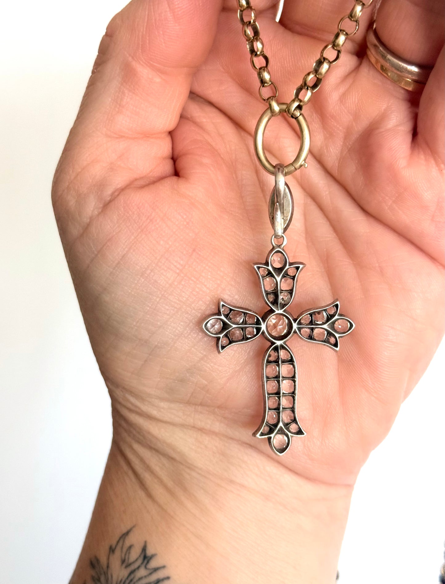 .1860s .1870s antique French silver collectors treasure Fleur de Lis Rock Crystal cross pendant