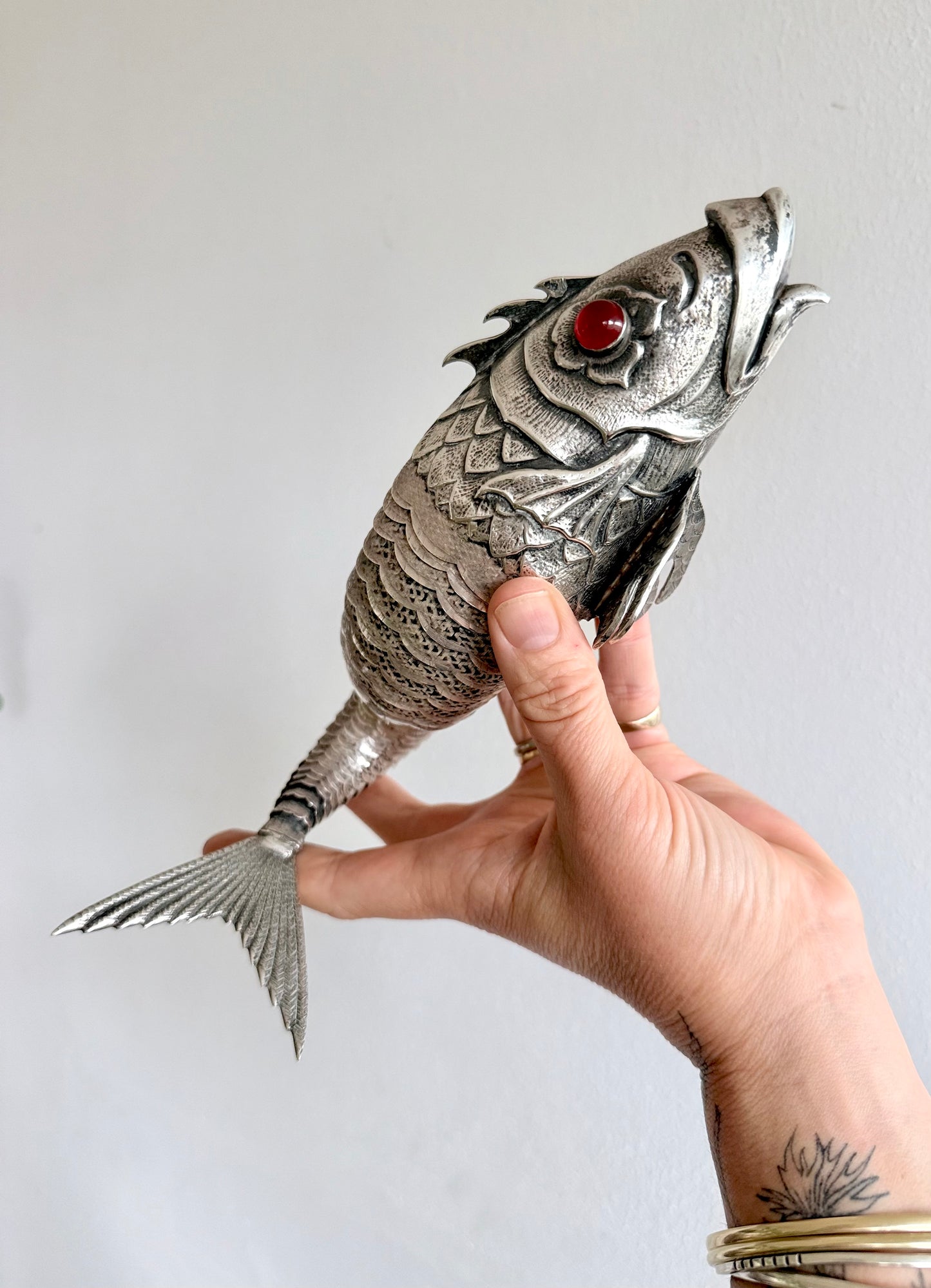 .1940s .915 articulated life sized hand made solid Spanish silver Large and magnificent artisan made Carb Fish rare treasured silver figural art statue