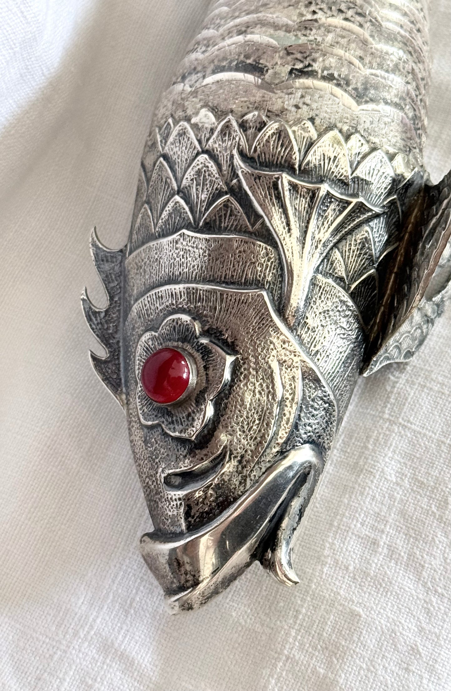 .1940s .915 articulated life sized hand made solid Spanish silver Large and magnificent artisan made Carb Fish rare treasured silver figural art statue