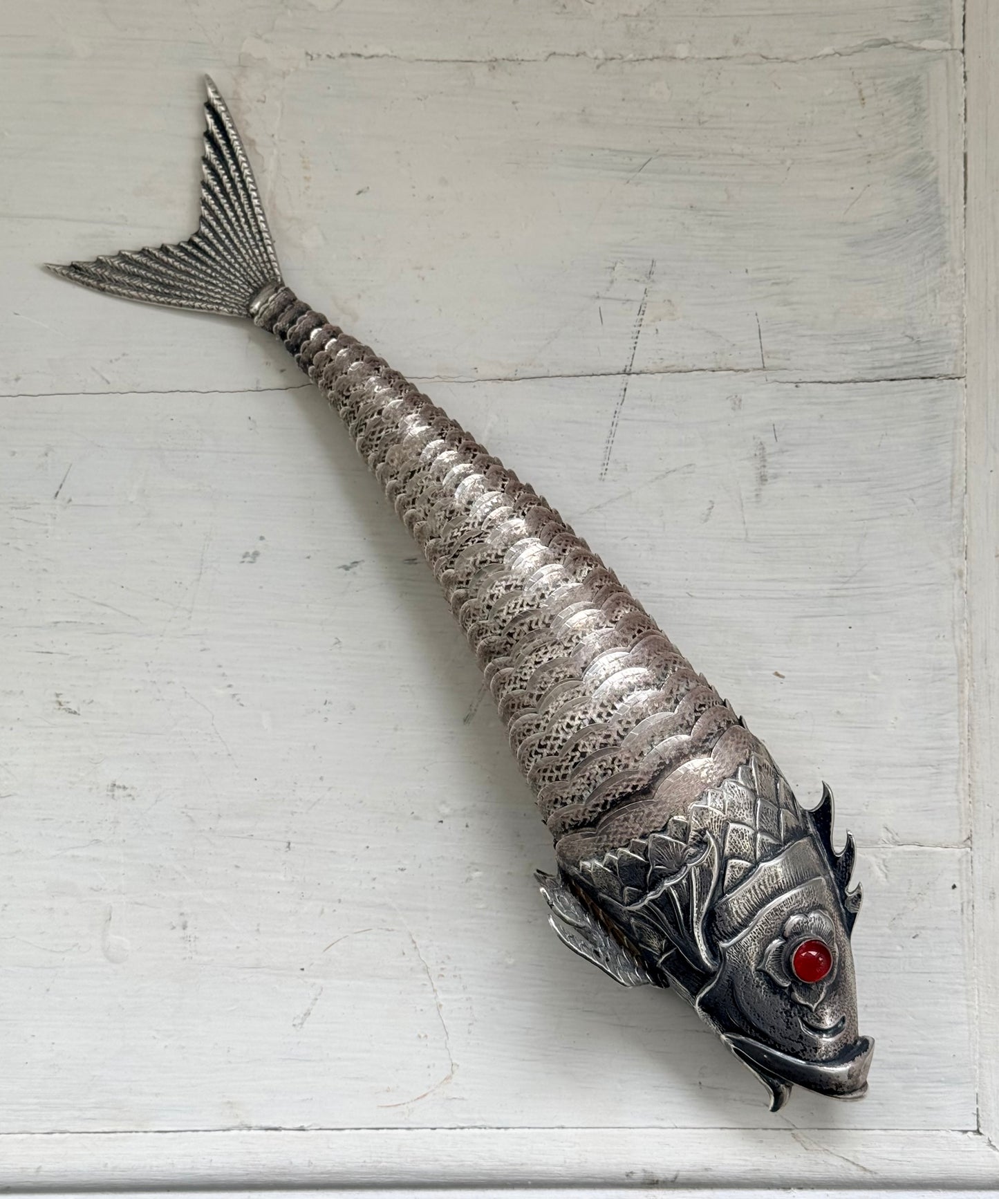 .1940s .915 articulated life sized hand made solid Spanish silver Large and magnificent artisan made Carb Fish rare treasured silver figural art statue