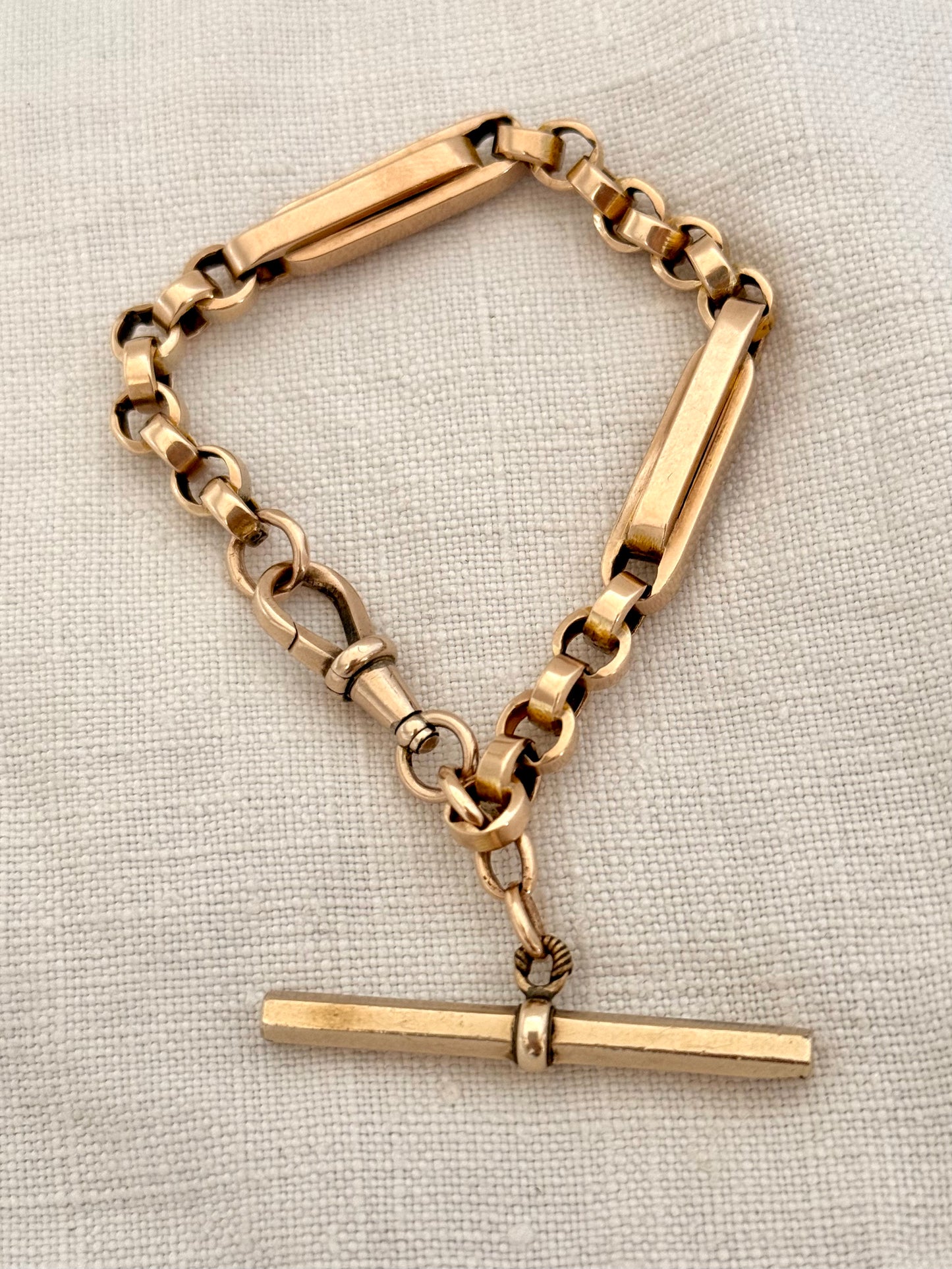 .1890s .1900s .9ct antique chunky gold fancy link double paper clip link fob chain with oversized T bar bracelet