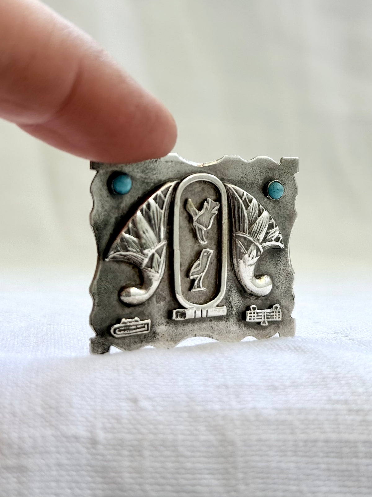 .1940s .800 Egyptian silver Arts & Crafts Hieroglyphics modernist silver and turquoise brooch pin