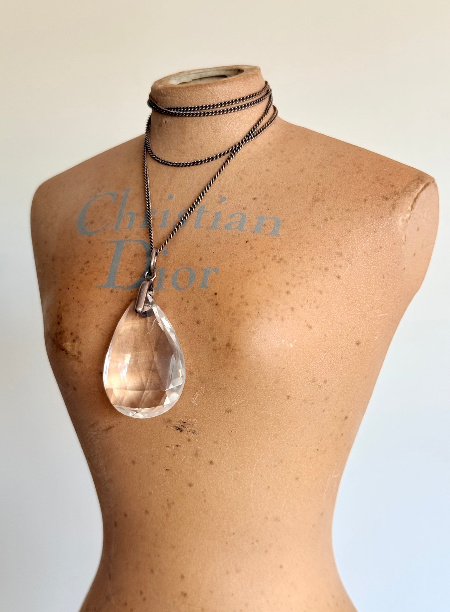 .1900s .1910 Antique Art Deco Rock Crystal Briolette teardrop pendant on Silver chain