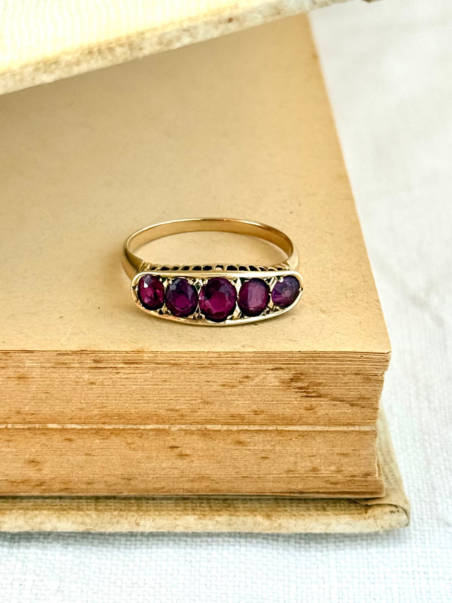 .14ct .1900s .1910s antique heirloom Pink Ruby 5 stone across Edwardian yellow gold half eternity boat ring dress ring