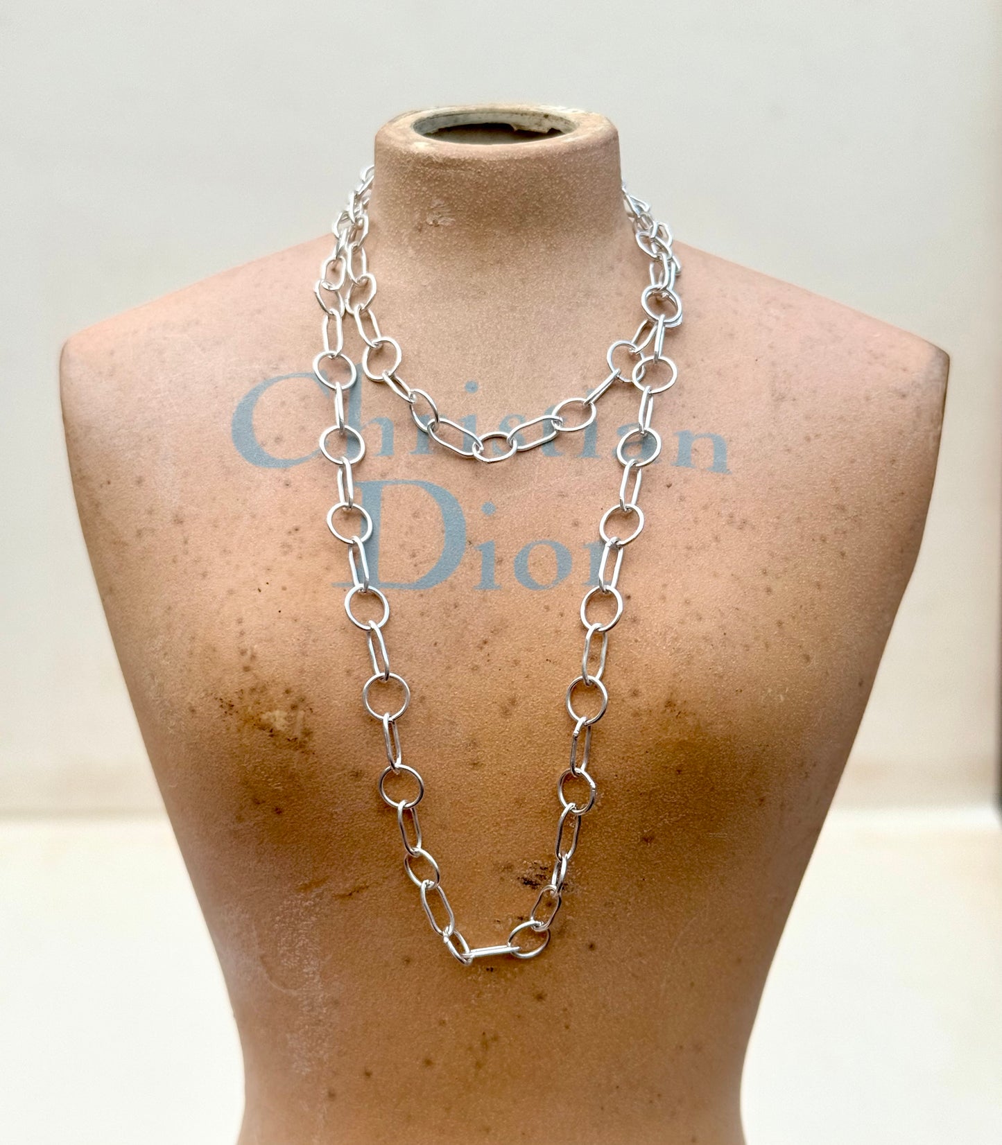925 Modern sterling silver fancy form circle and oval long link fine chain necklace