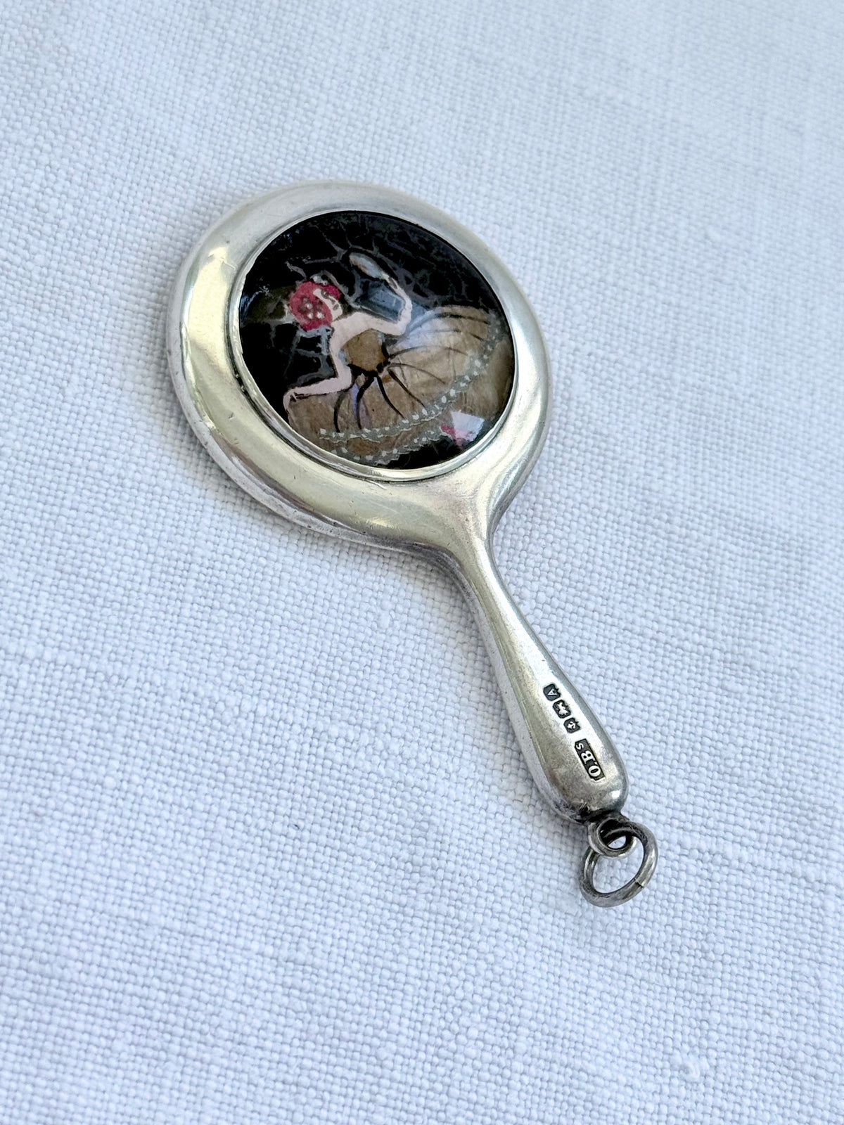 .1925 .925 antique Art Deco sterling silver mini chatelaine mirror hand painted butterfly wing miniature art micro chatelaine silver mirror pendant