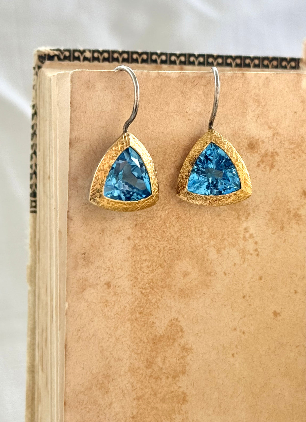 .24k yellow gold 925 silver ANPA artisan made Swiss Blue Topaz Trillion gold silver studio made drop dangle earrings