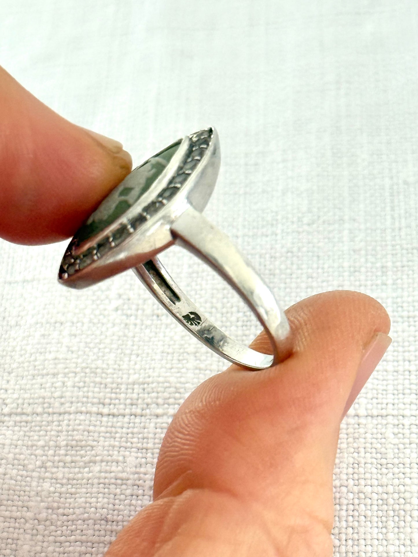 .1970s .925 dancing dame Grecian style moss green Jasperware high relief Wedgwood cameo set into modernist clear gemstone naiveté sterling silver dress ring