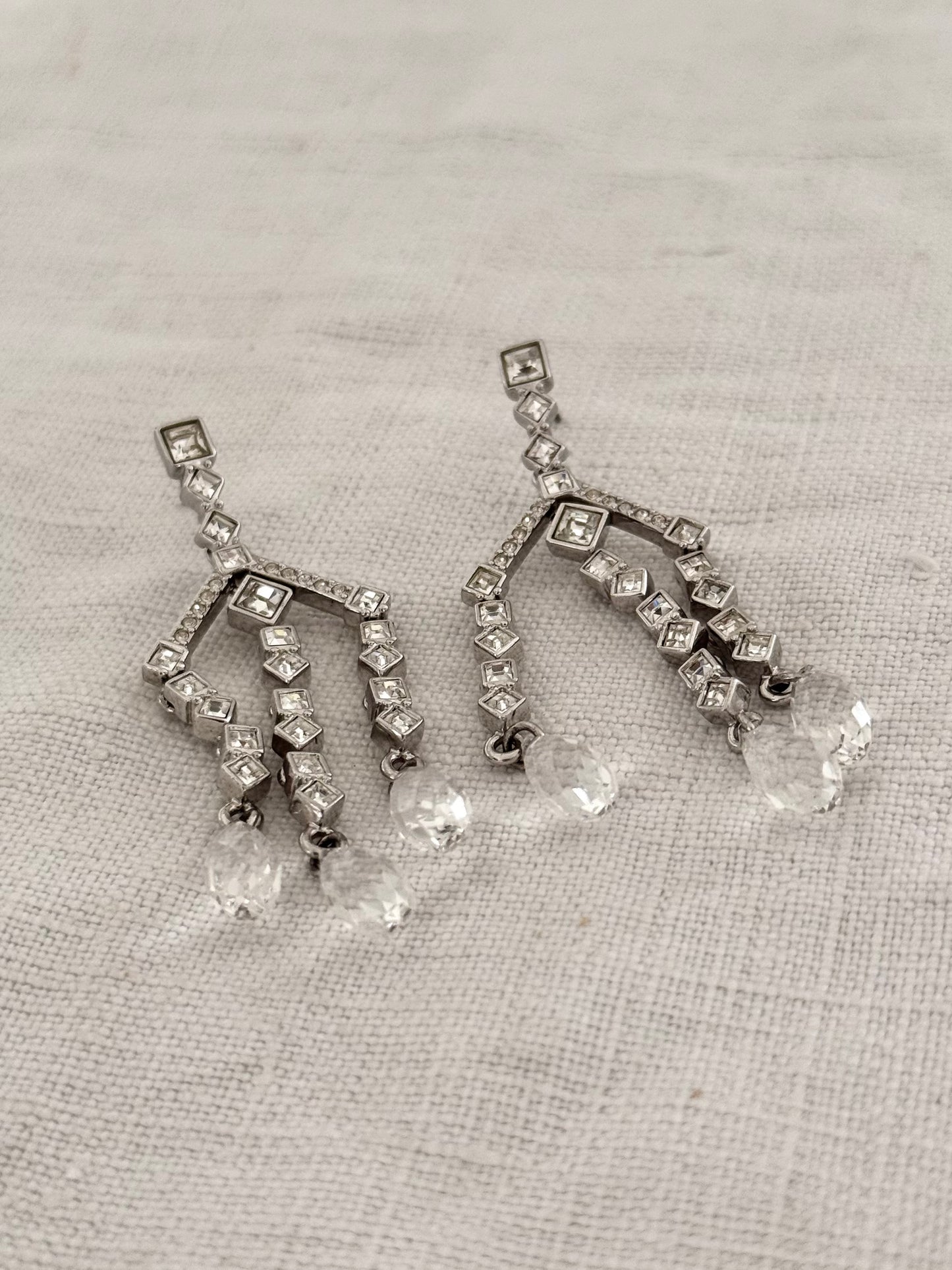 .1900s Art Deco Edwardian revival Swarovski designer crystal and rhinestone diamanté chandelier drop dangle earrings