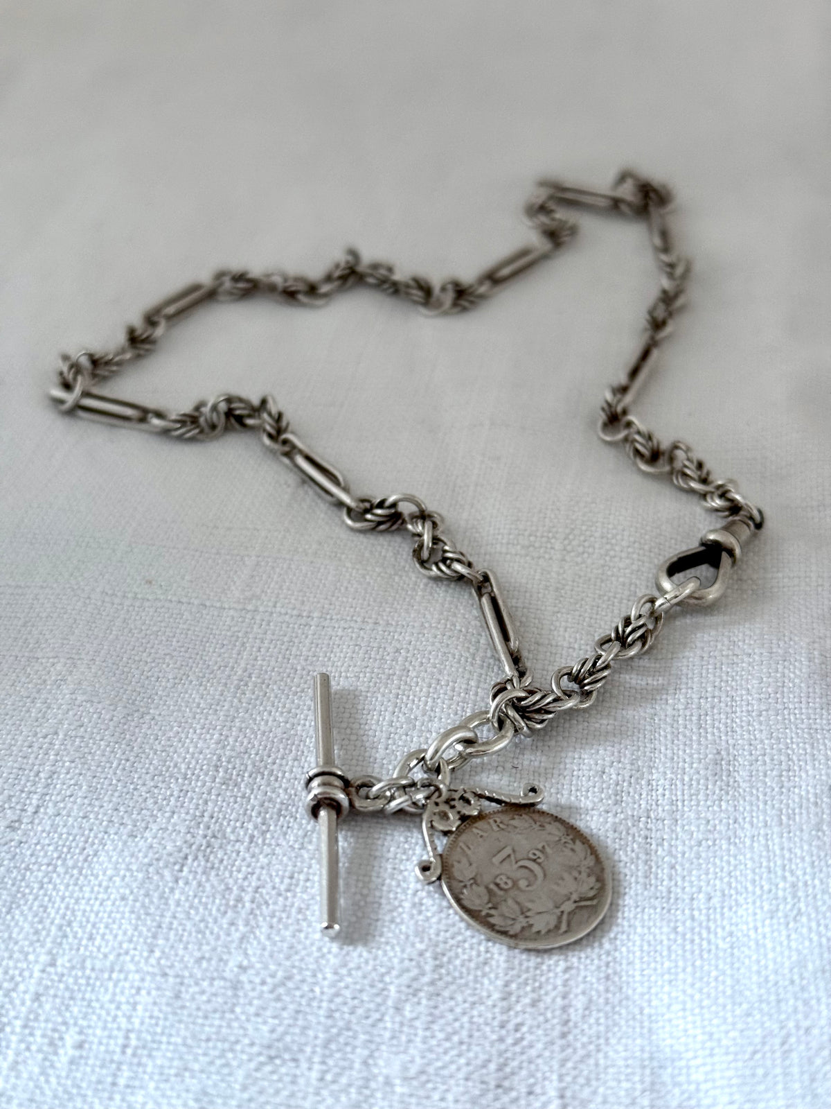 .1888 .1897 .925 antique solid silver fancy Albert fob chain Lovers Knot Trumpet link Paper clip link hallmarked sterling silver Victorian era double love knot watch chain necklace