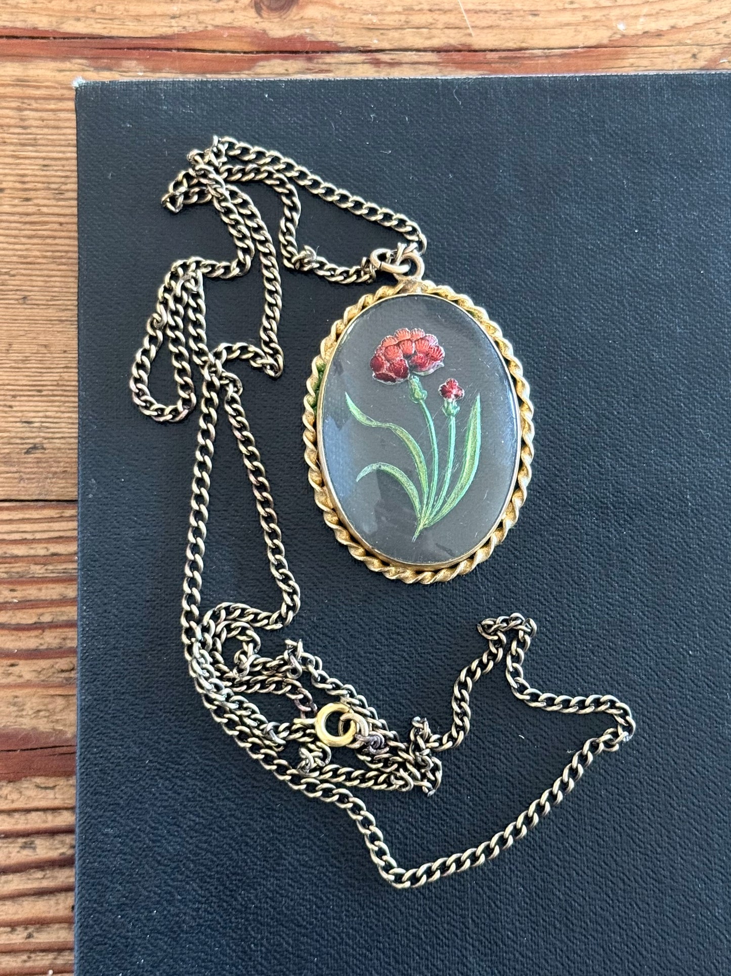 .1900s .1920s antique artisan reverse glass Carnation flower hand painted floral glass cabochon pendant