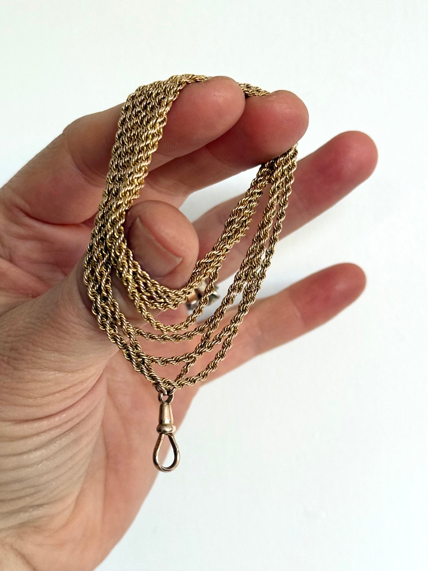 .1890s .1900s .9ct .138.50cm antique Edwardian gold long magnificent rope weave long guard muff chain necklace