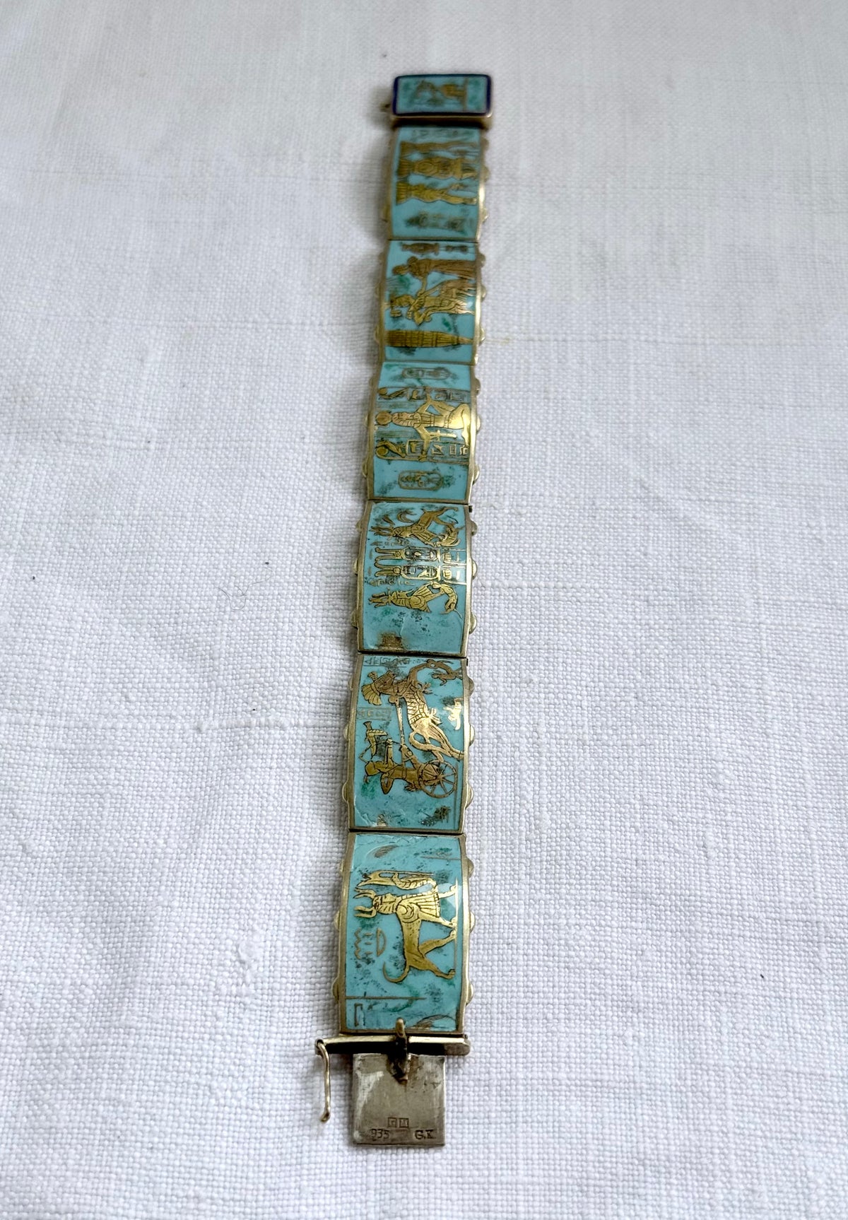 .1920s .935 Egyptian silver rare desired Egyptian revival gold gilded turquoise enamel 6 panel pictorial Pharaoh Egyptology enamel silver gold bracelet