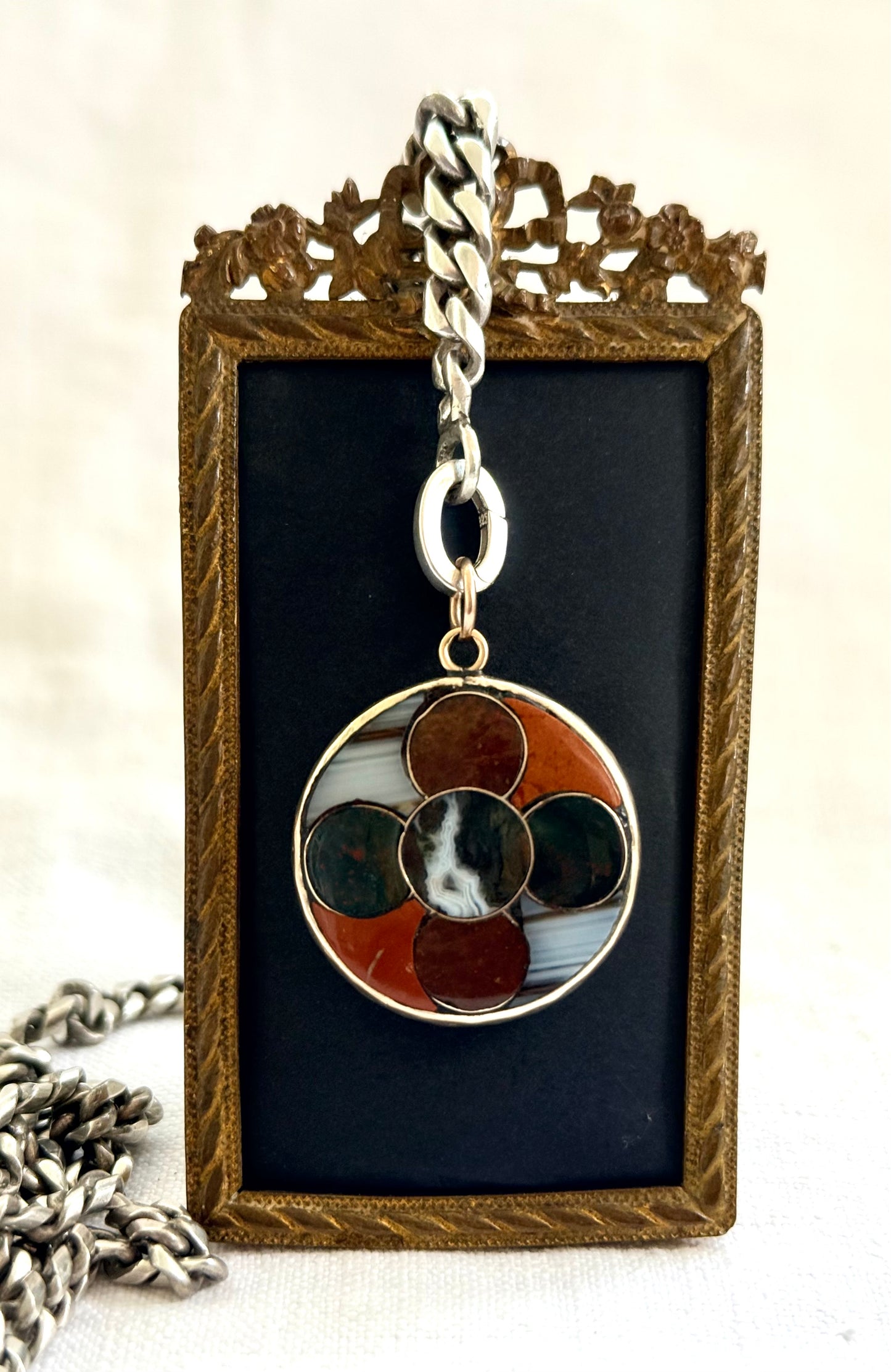 .1850s .1860s .375 gold .925 silver antique Victorian Scottish agate pebble stone pendant with St Christopher token pendant