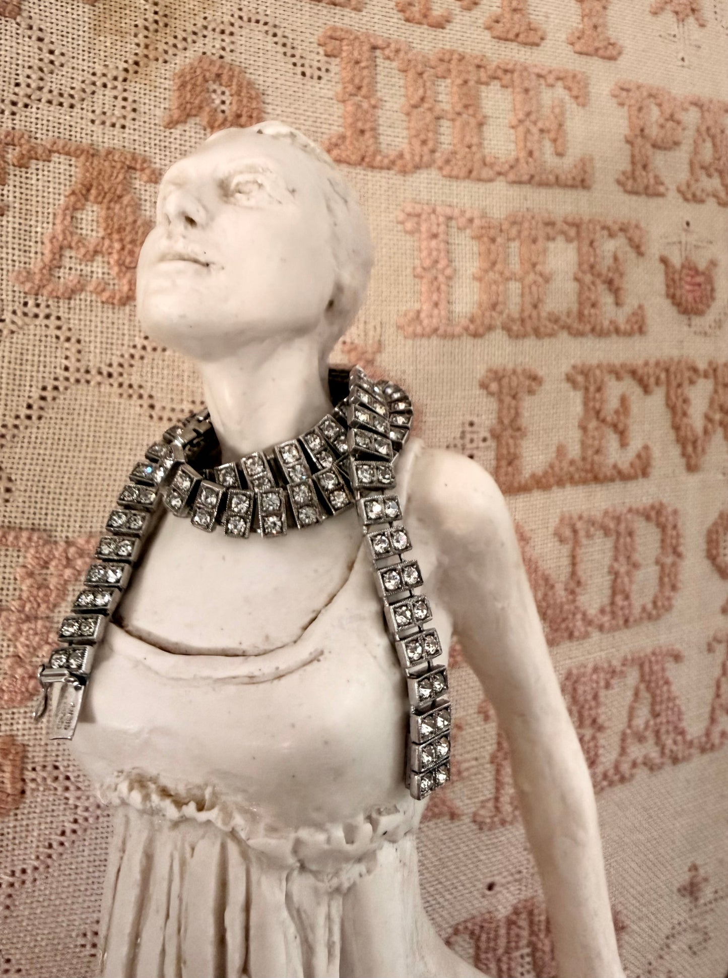 .1930s .1940s .925 Art Deco style double paste stone tennis style sterling silver choker necklace