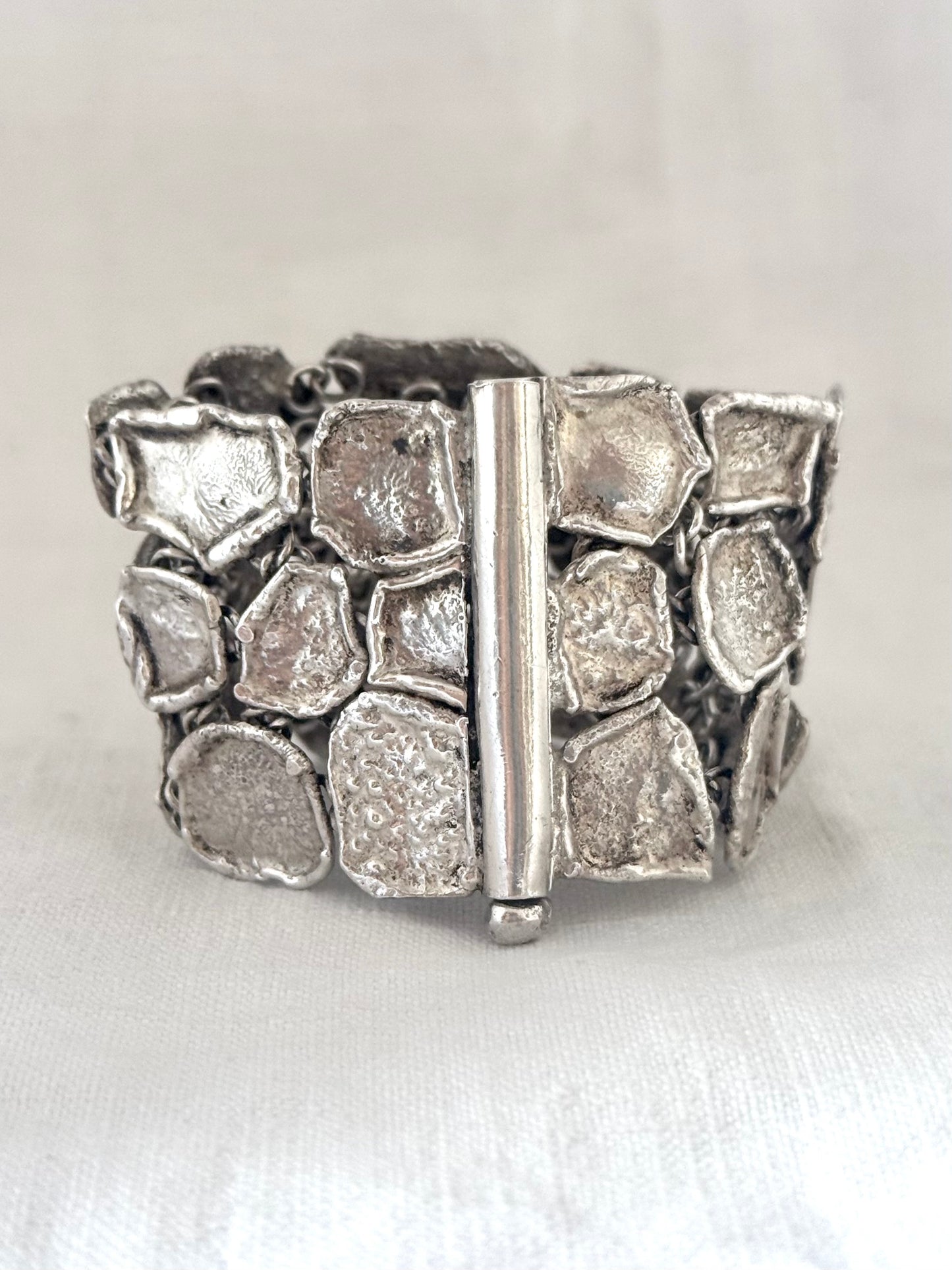 .1950s .925 Brutalist Modernist chunky silver hand made free form wide solid silver accent panel bracelet