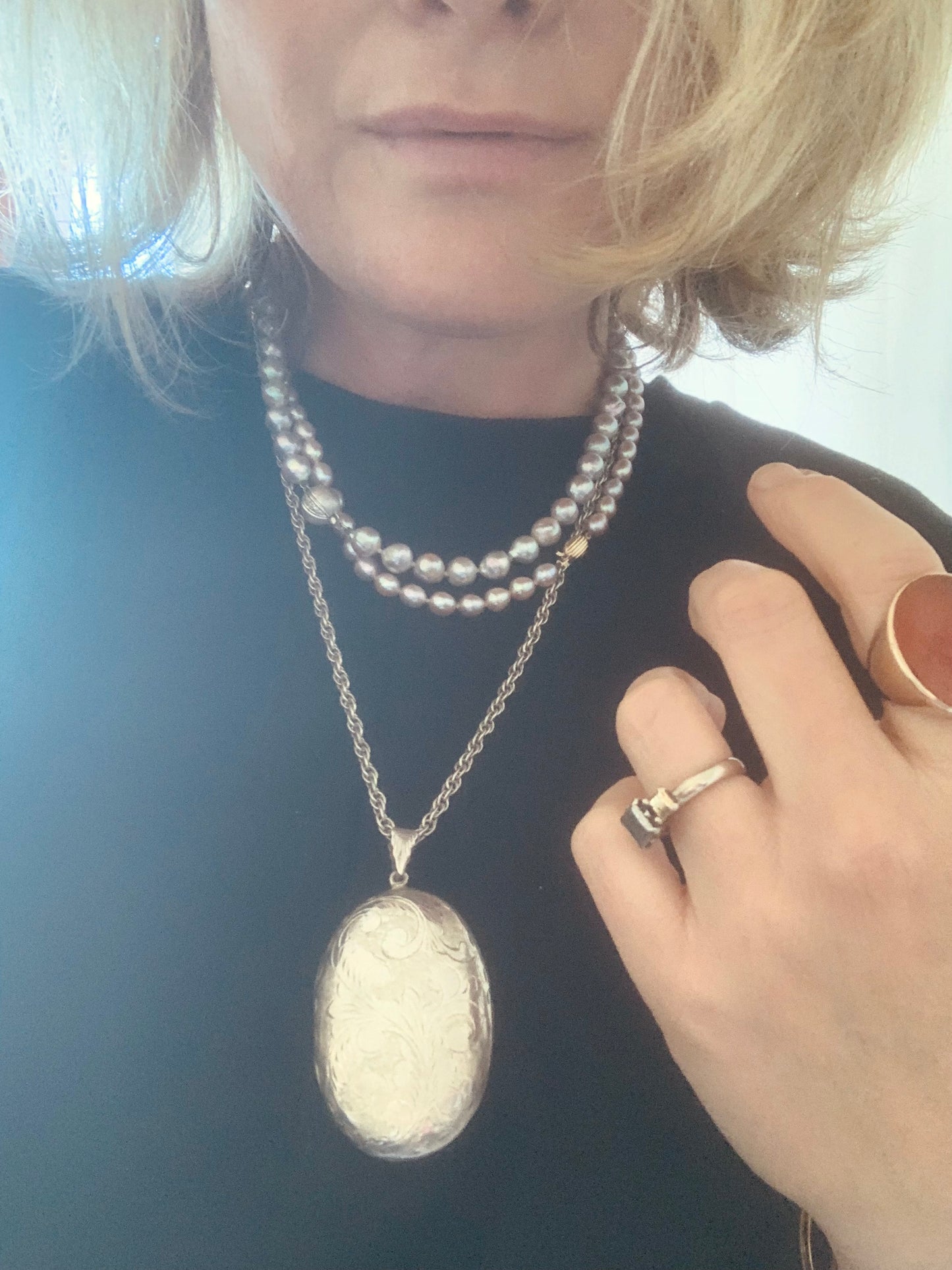 1980s 925 sterling silver super large oval photo locket with 61cm silver chain necklace