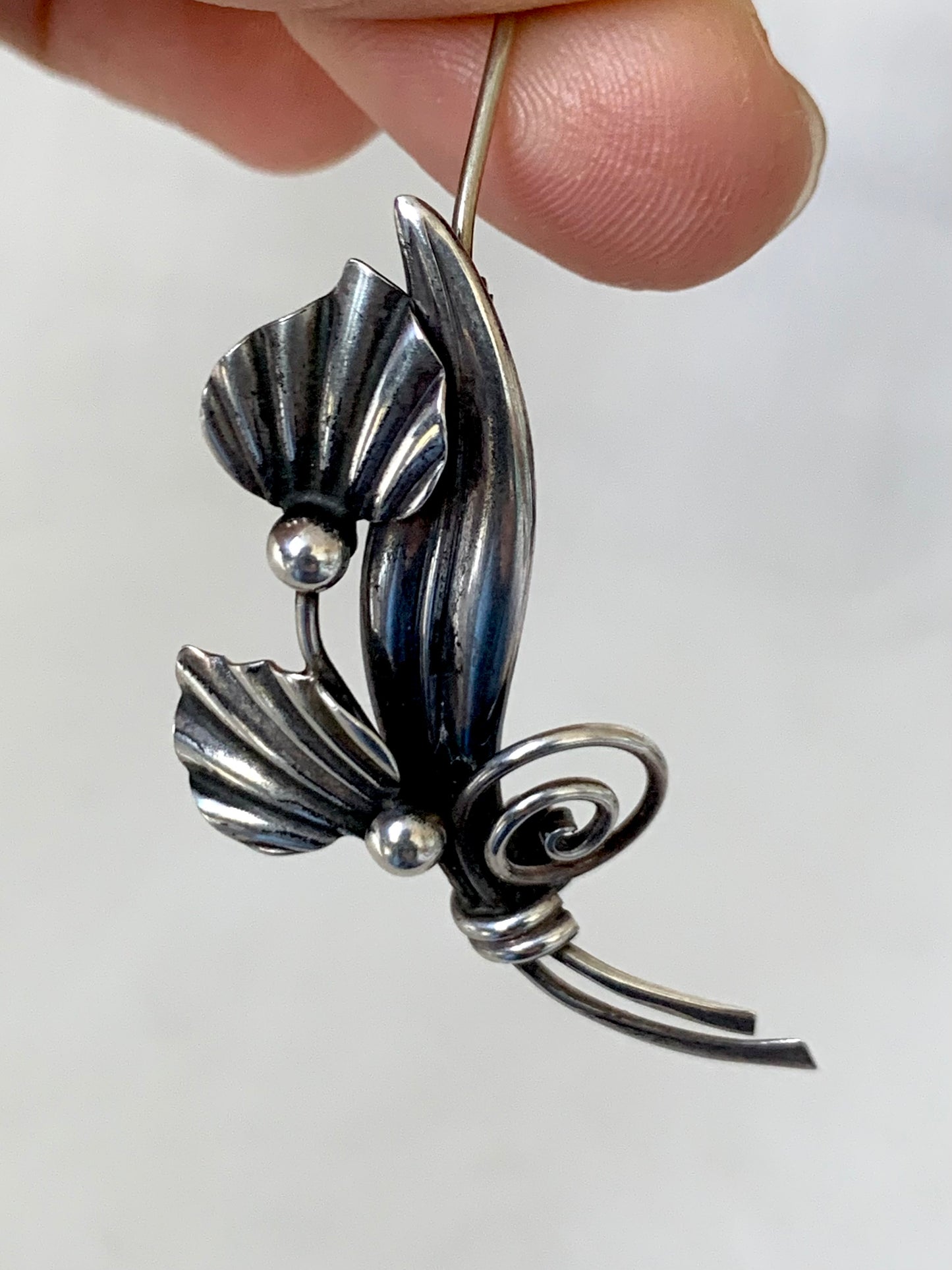 1950s 925 John Lauritzen Danish silver Mid Century Modern Scandinavian collectors leaf swirl brooch