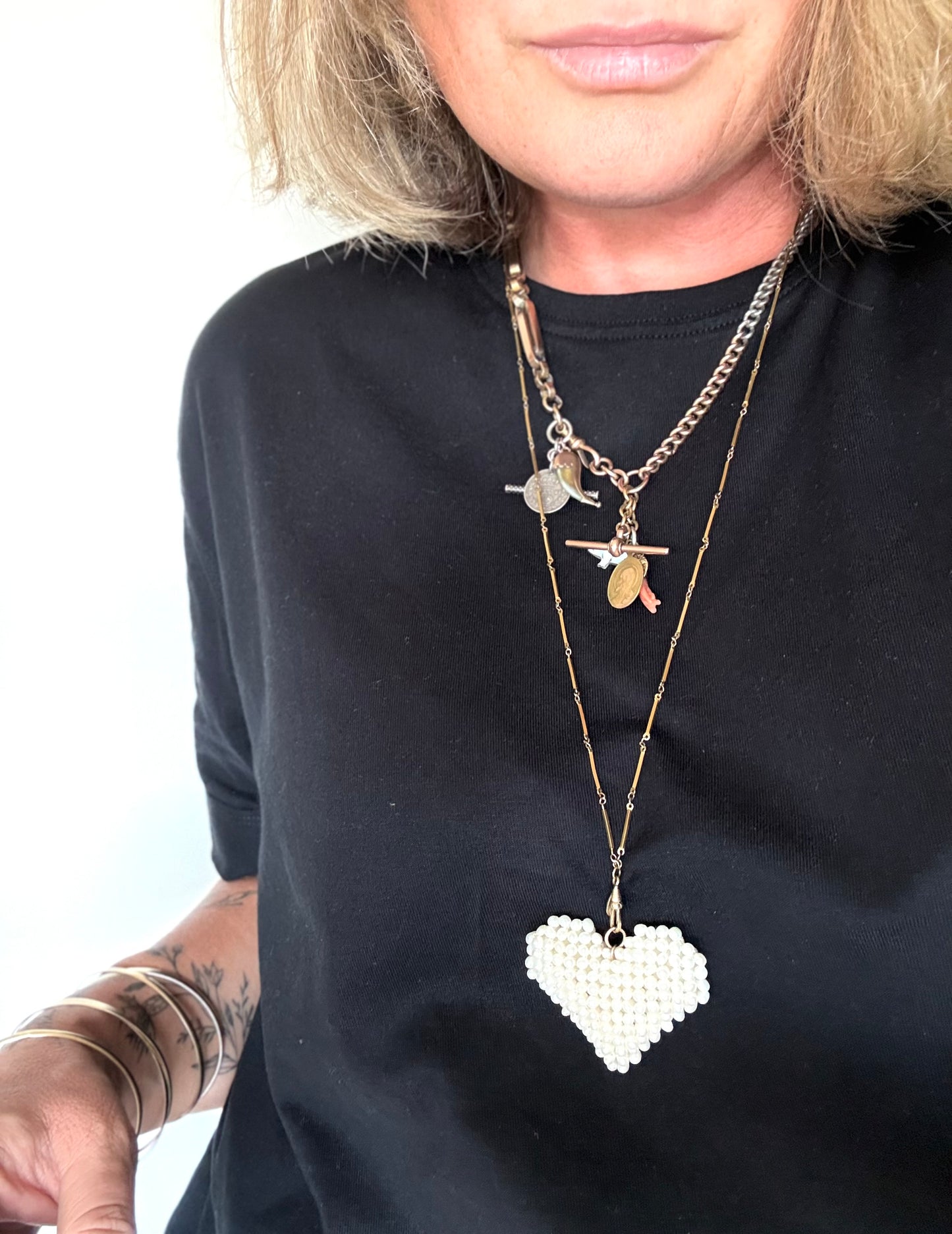 .1950s .1960s .1980s cultured pearl crochet heart modern pop art oversized real pearls and gold heart pendant