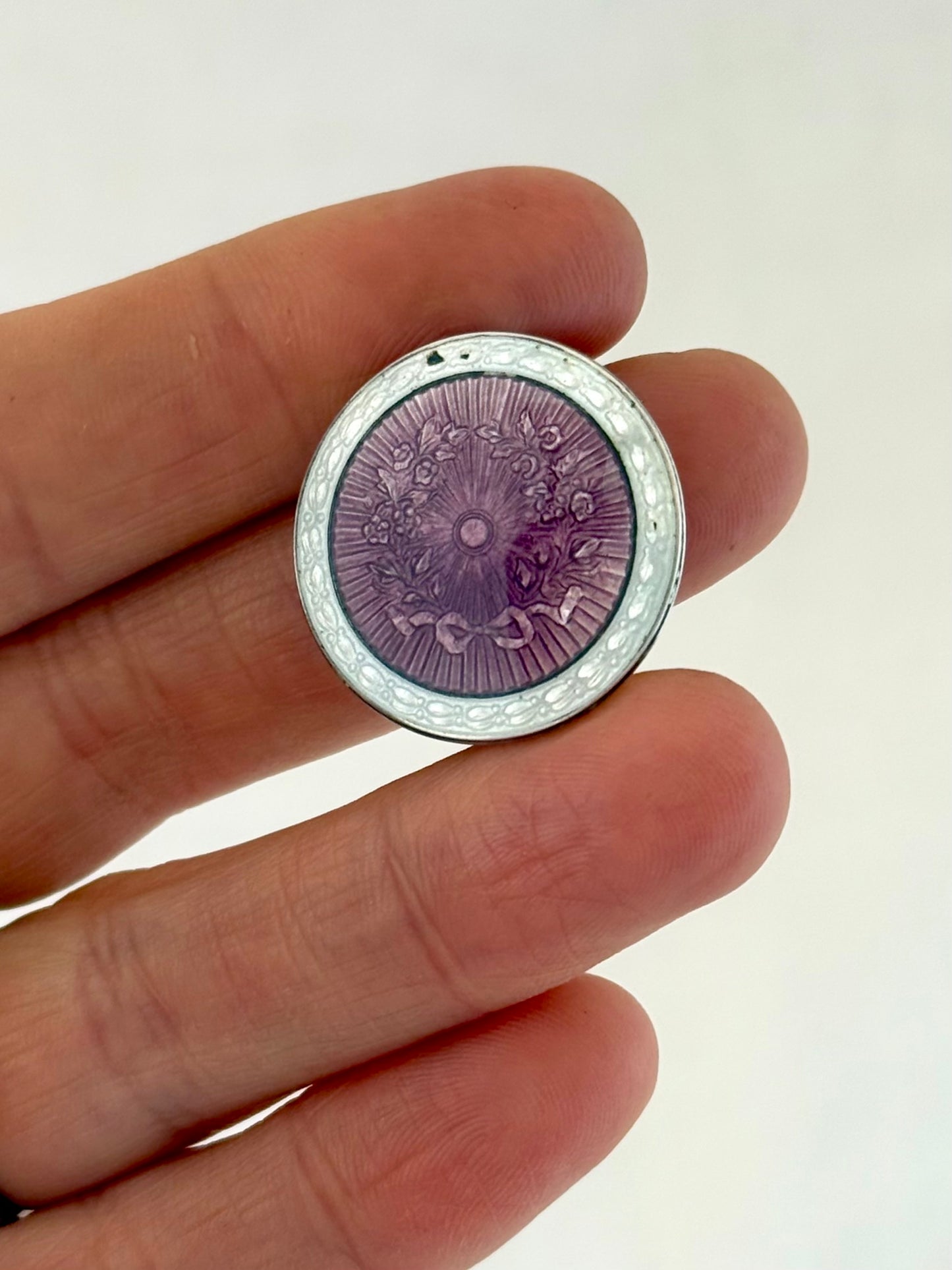 .1928 .925 Art Deco Birmingham silver lilac purple and white guilloche enamel button brooch lapel pin