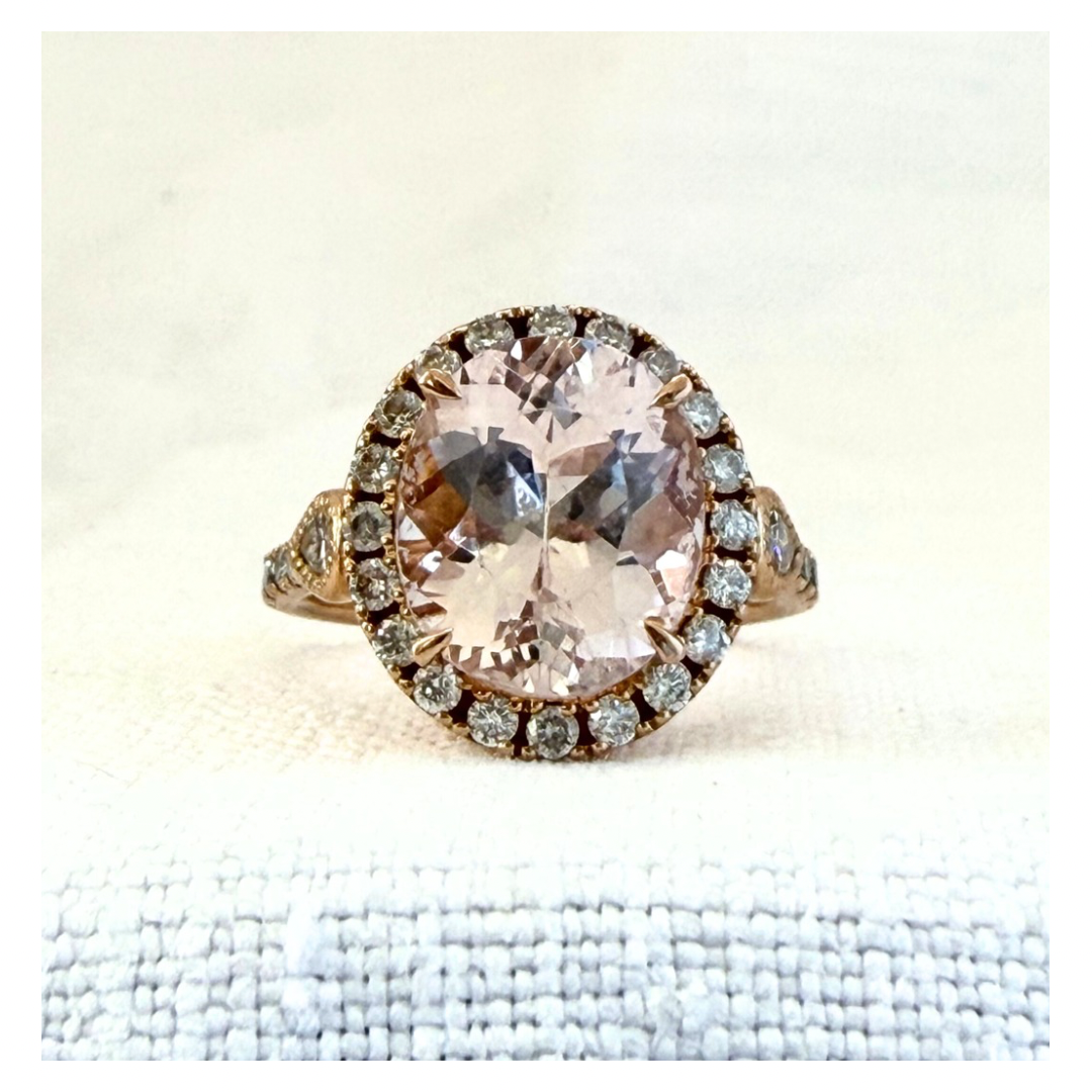 0.85ct 30 Diamond and Browns designer large Oval Pink Morganite gemstone 18ct luxury gold halo ring