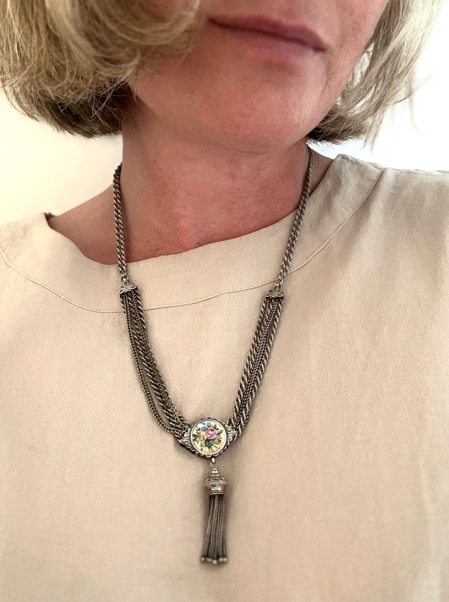 .1860s .1890s .925 antique Belle Epoque rare and fancy enamel slider Albertina multi chain necklace