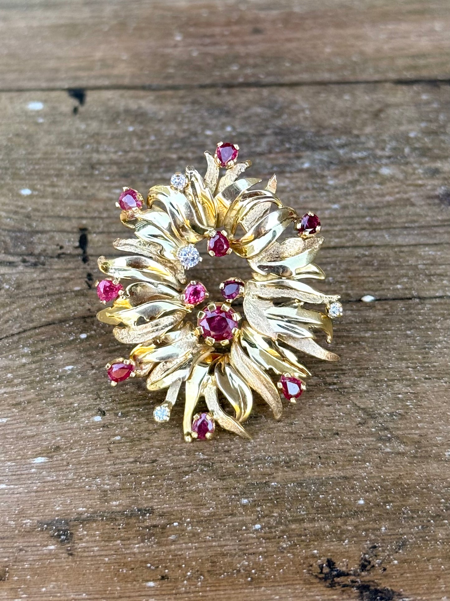 .1960s .1970s .375 gold modernist Diamond and Ruby gemstone heirloom Edelweiss flower spray brooch pin