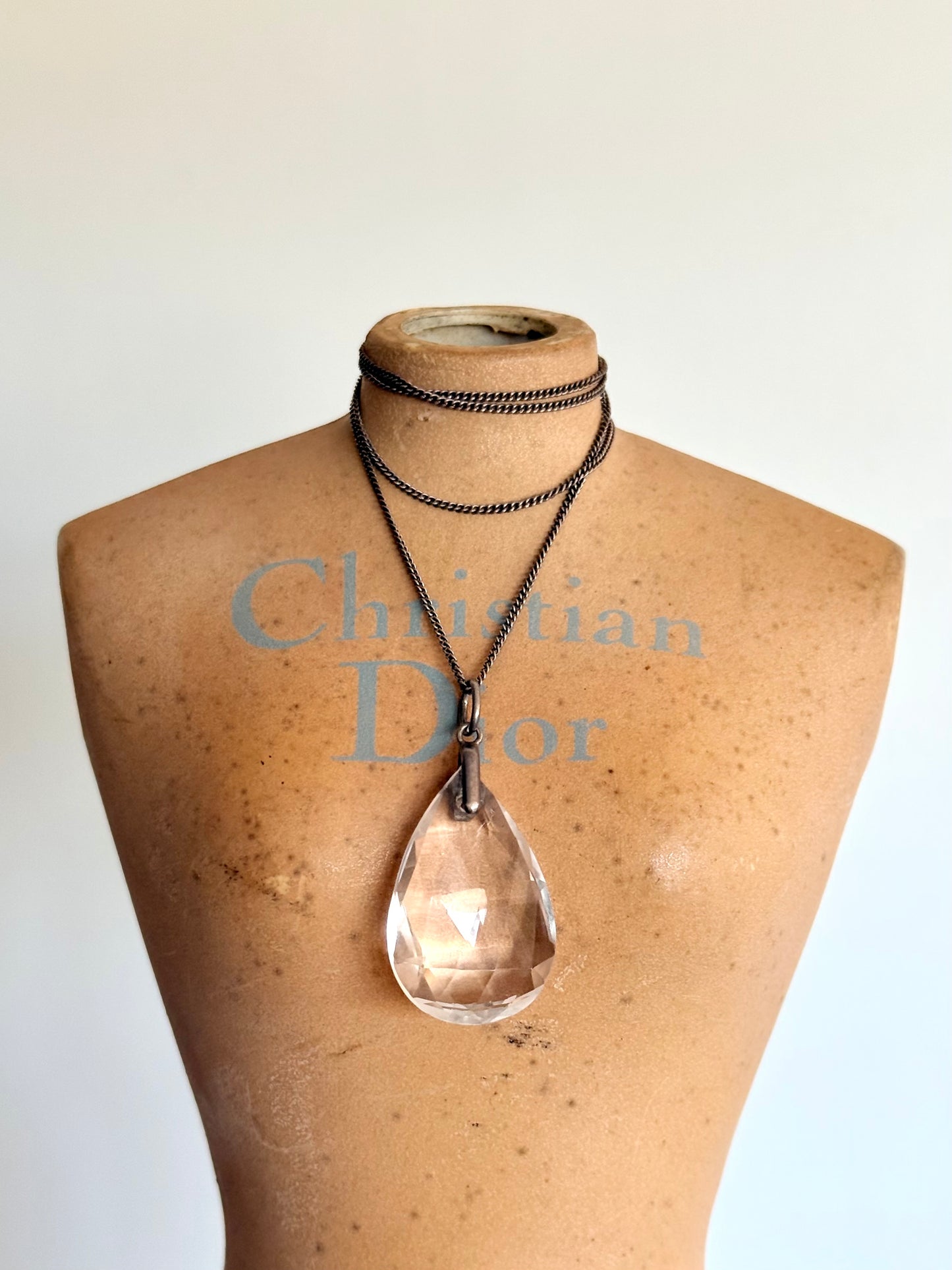 .1900s .1910 Antique Art Deco Rock Crystal Briolette teardrop pendant on Silver chain