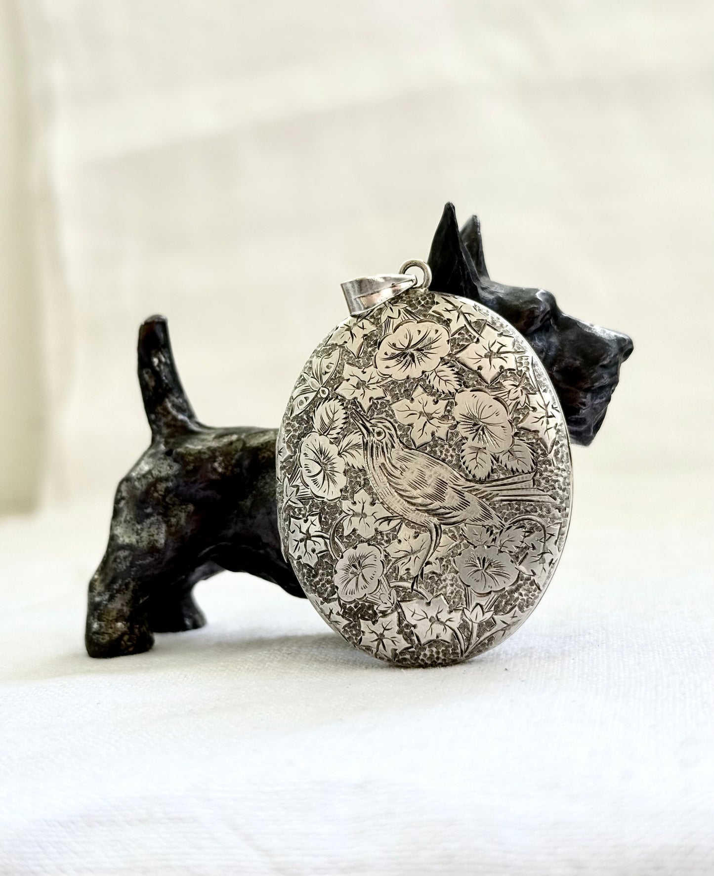.1880s .1890s .925 large Victorian Aesthetic deep engraved Swallow and floral detailed antique French sterling silver locket