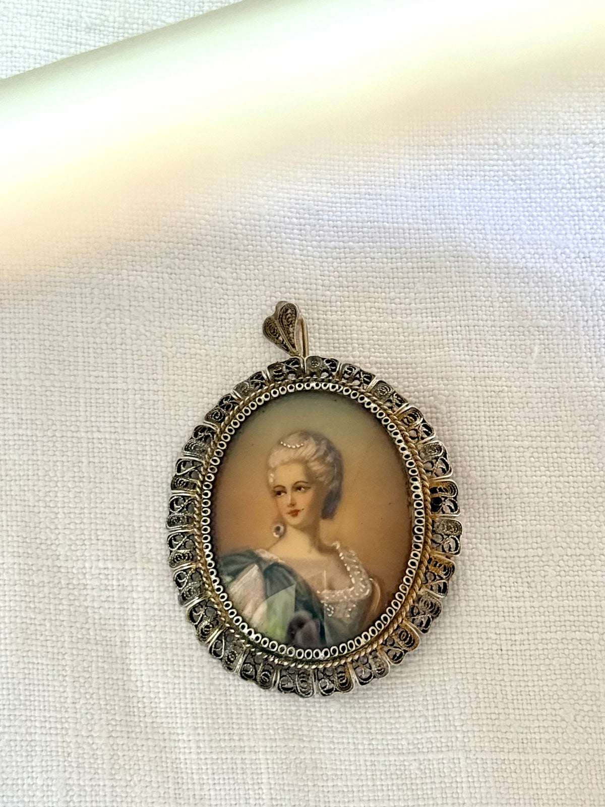 .1930s .1940s .800 Artist gold and silver incredible hand painted miniature Baroque revival portrait in fine silver filigree brooch and pendant