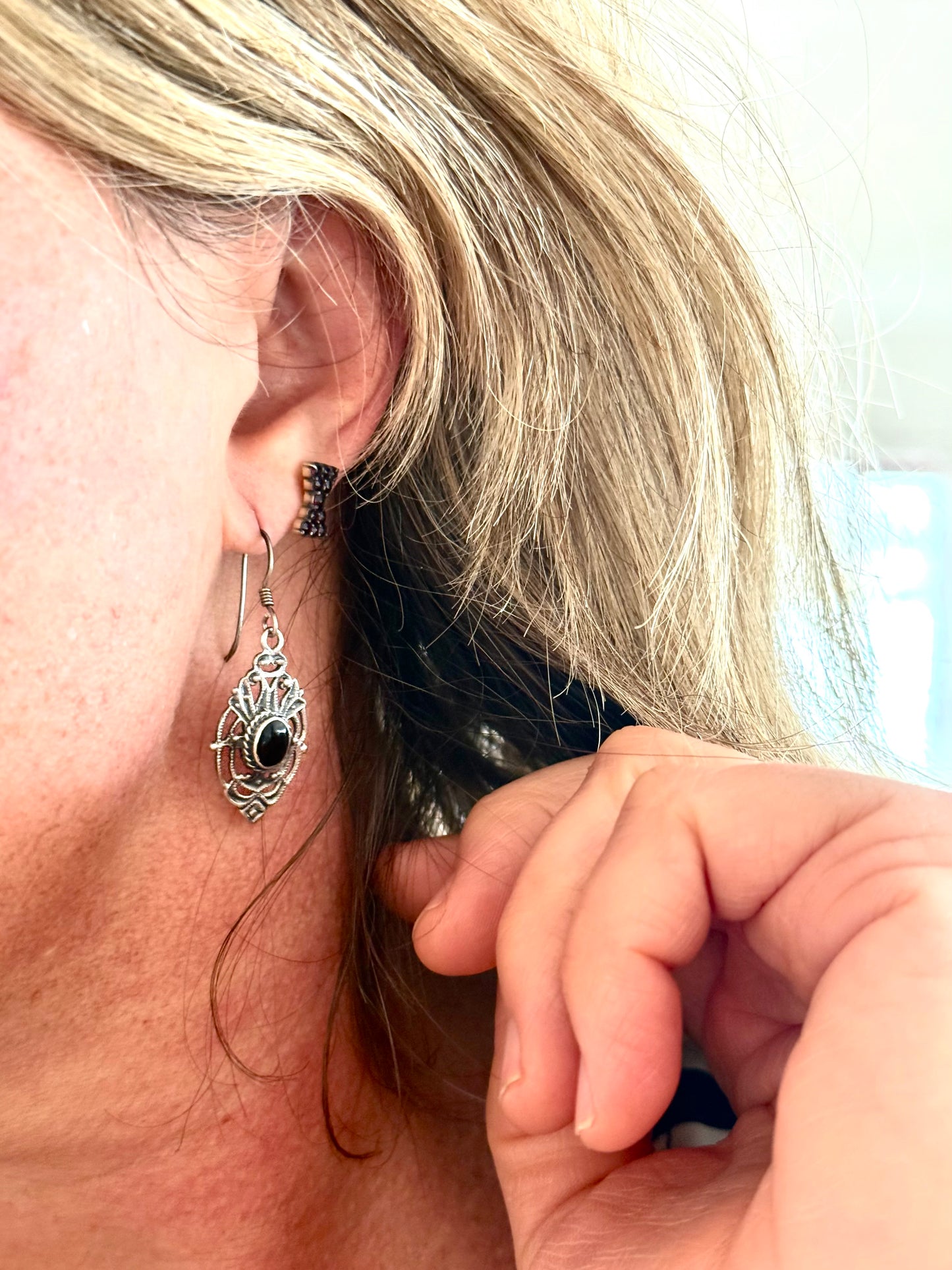 .925 boho filigree open work dangle onyx gemstone sterling silver romantic drop earrings