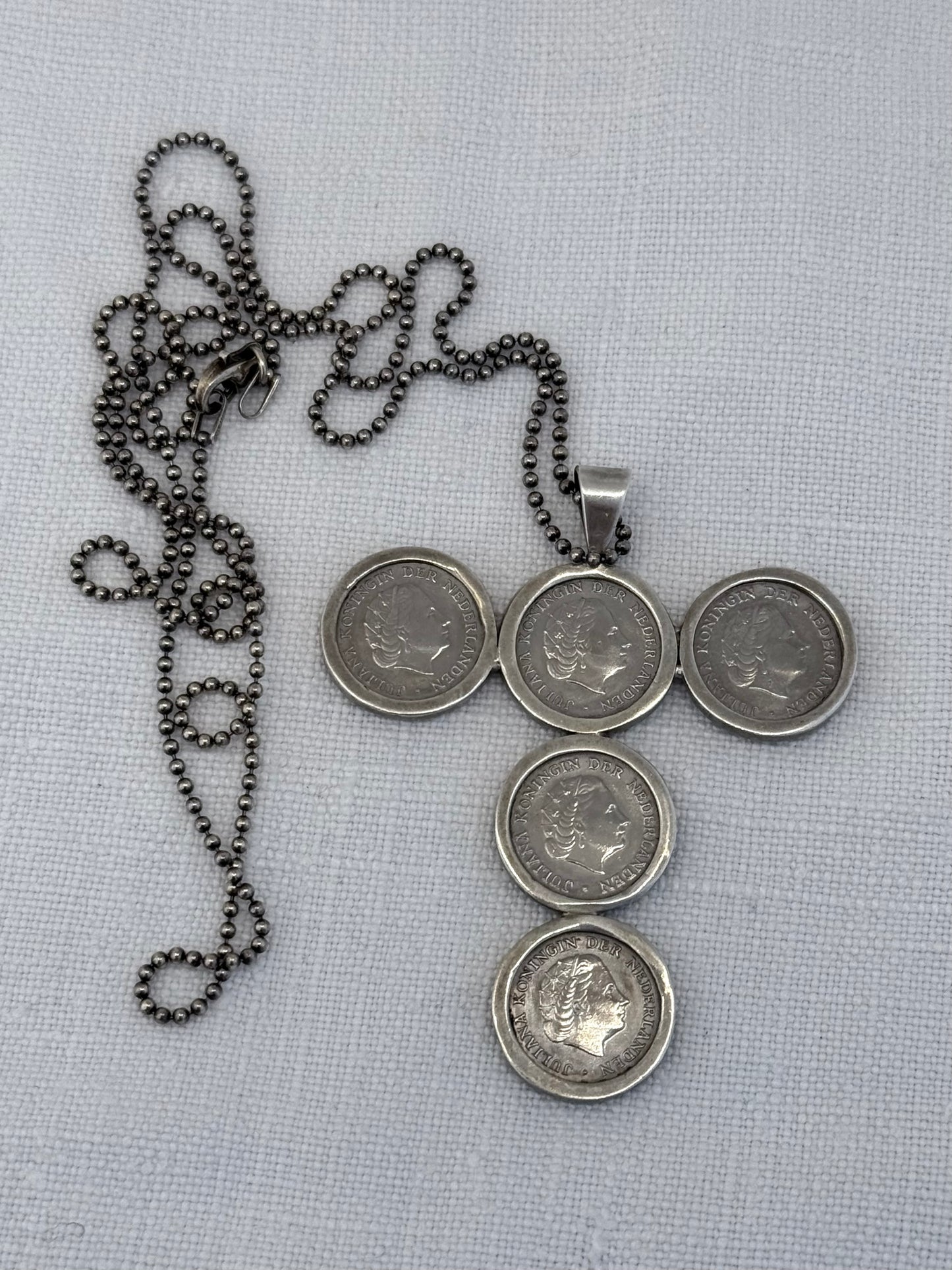 .1954 to .1980 .10 cents coin cross silver pendant on long lovely chain necklace