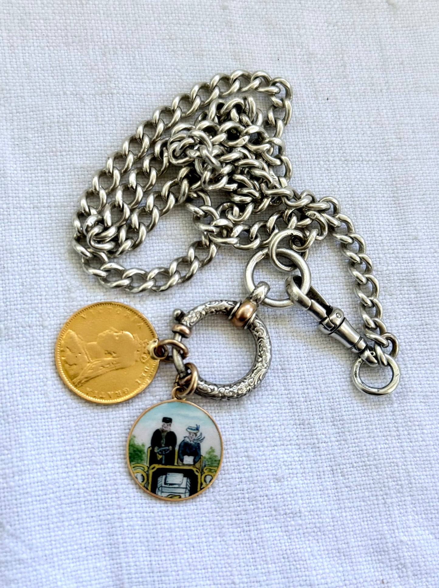 .1900s .1910s .900 .925 silver antique Edwardian solid sterling silver fob chain watch chain curb chain with rare fancy oversized bolt ring spring clasp