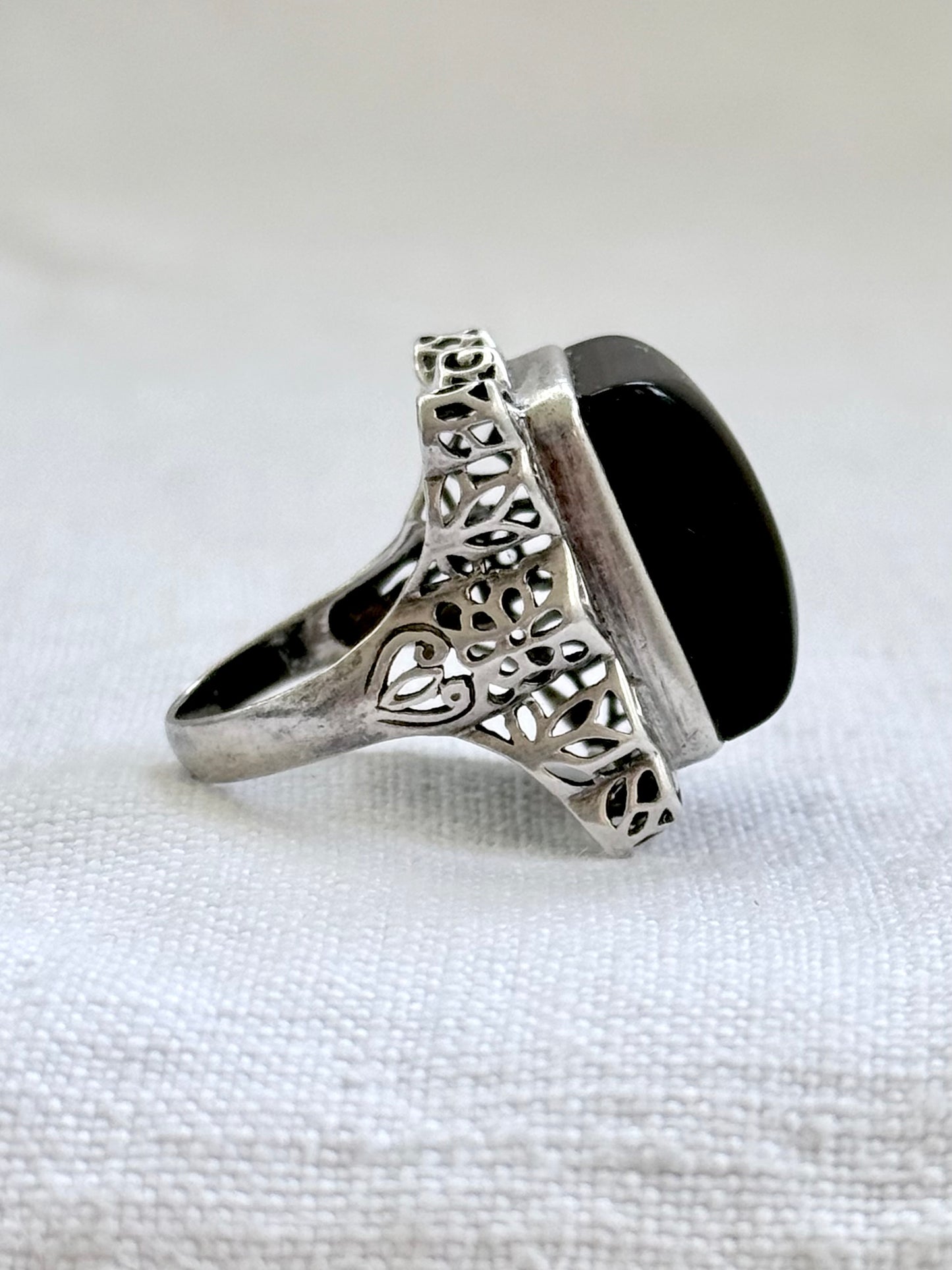 .925 artisan made large black Onyx cushion cut gemstone sterling silver lace cut statement dress cocktail ring
