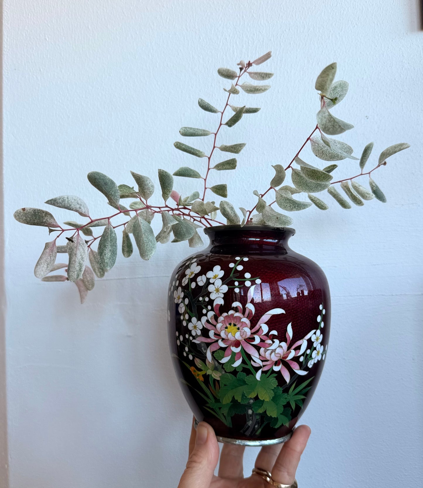 .1900s .1960s authentic Oriental fine Japanese collectors Cloisonne Ginbari floral Pigeon Blood red Akusake Enamel Ginger vase large flower vase