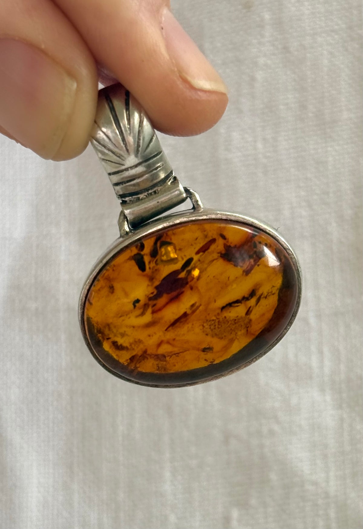 .925 Amber gemstone Artisan made modernist geometric shaped boho tribal style large Amber gemstone silver pendant