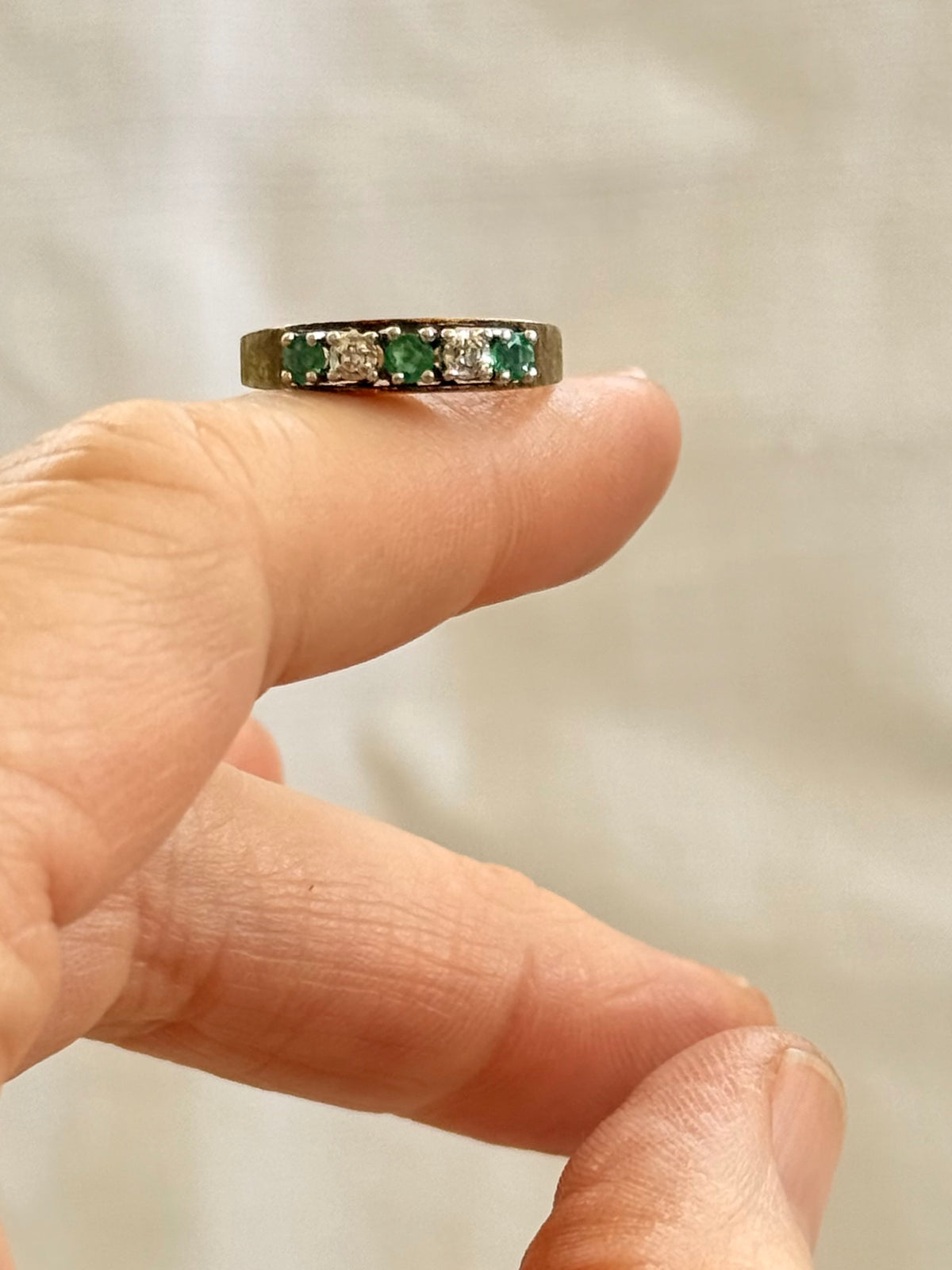 14k .1960s .1970s 3 Emeralds 2 Diamonds 5 precious gemstones high carat modernist brutalist half eternity ring band