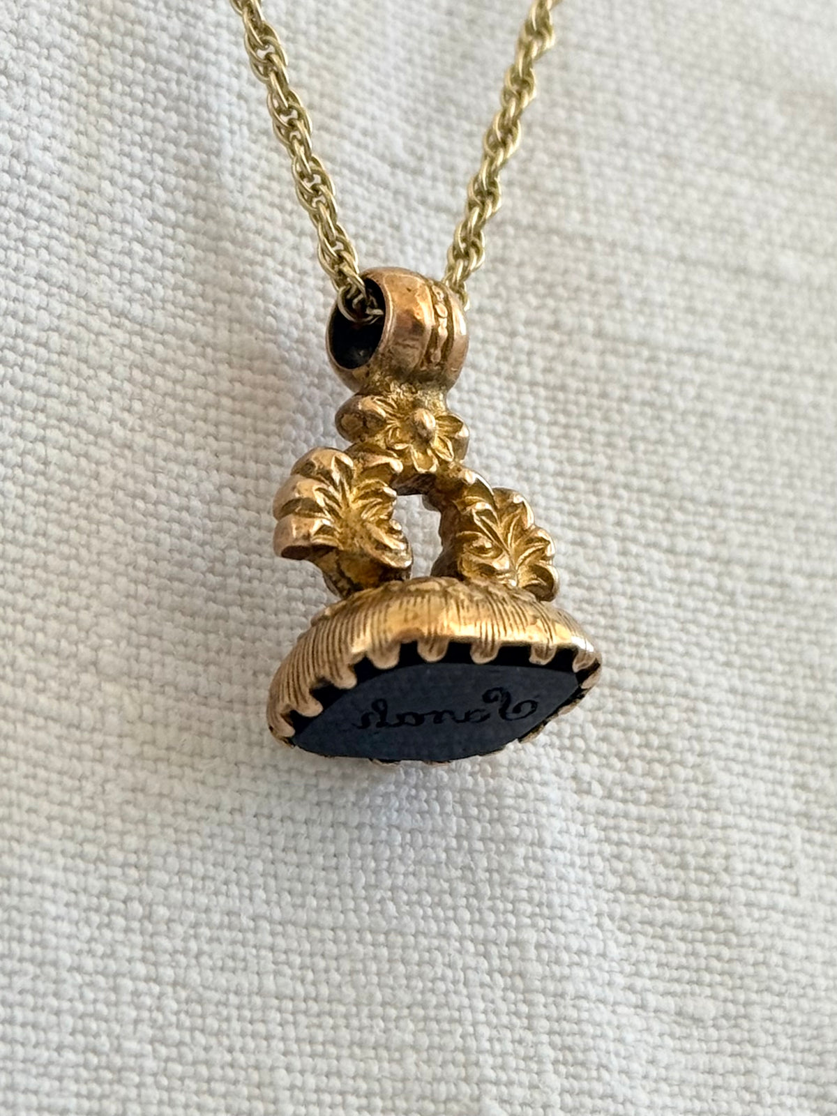 .1800s .1830s .375 .9ct antique Baroque revival Georgian hand carved solid rose gold “Sanah” engraved Onyx gemstone wax seal fob pendant