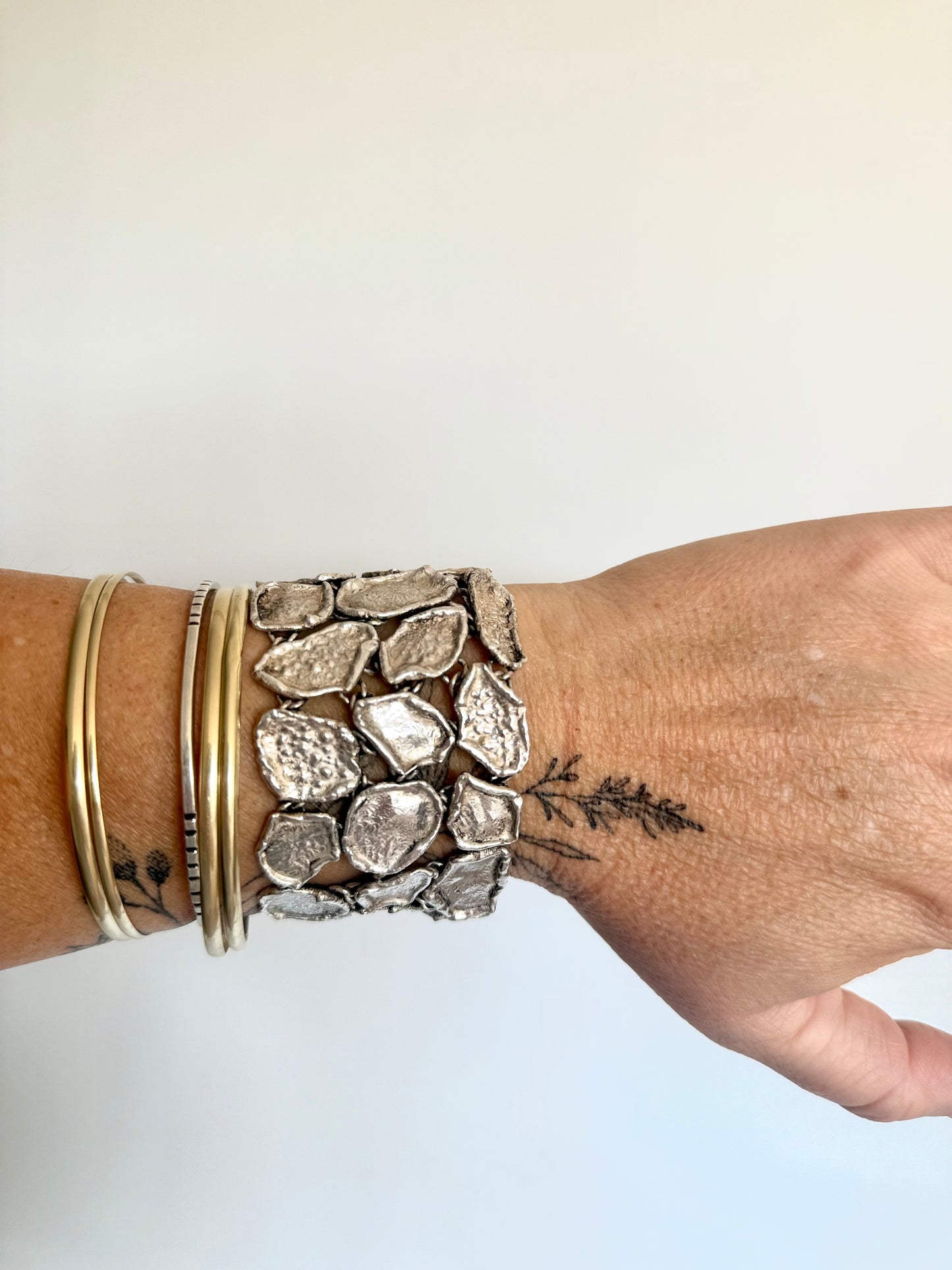 .1950s .925 Brutalist Modernist chunky silver hand made free form wide solid silver accent panel bracelet