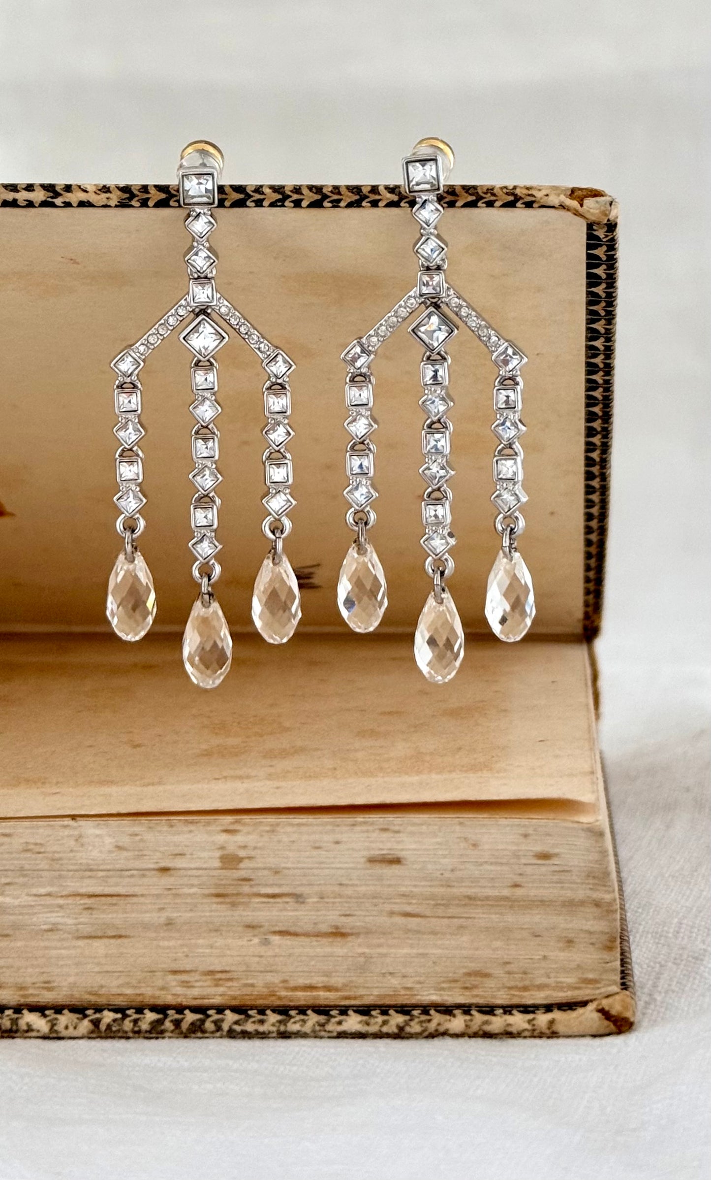 .1900s Art Deco Edwardian revival Swarovski designer crystal and rhinestone diamanté chandelier drop dangle earrings