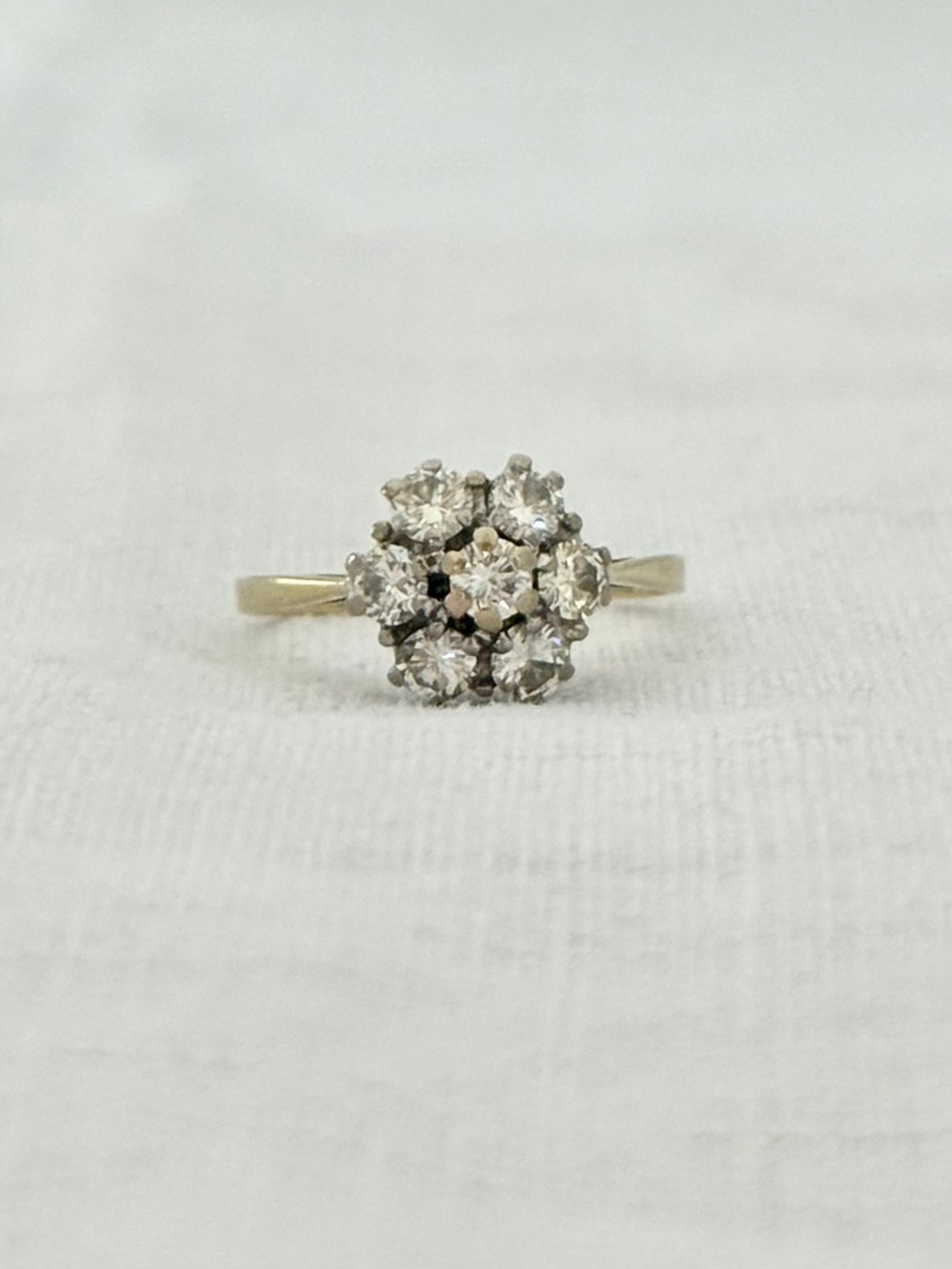 .18ct .1900s 1.00ct round brilliant antique floral cluster rosette high carat 750 yellow and white gold ring