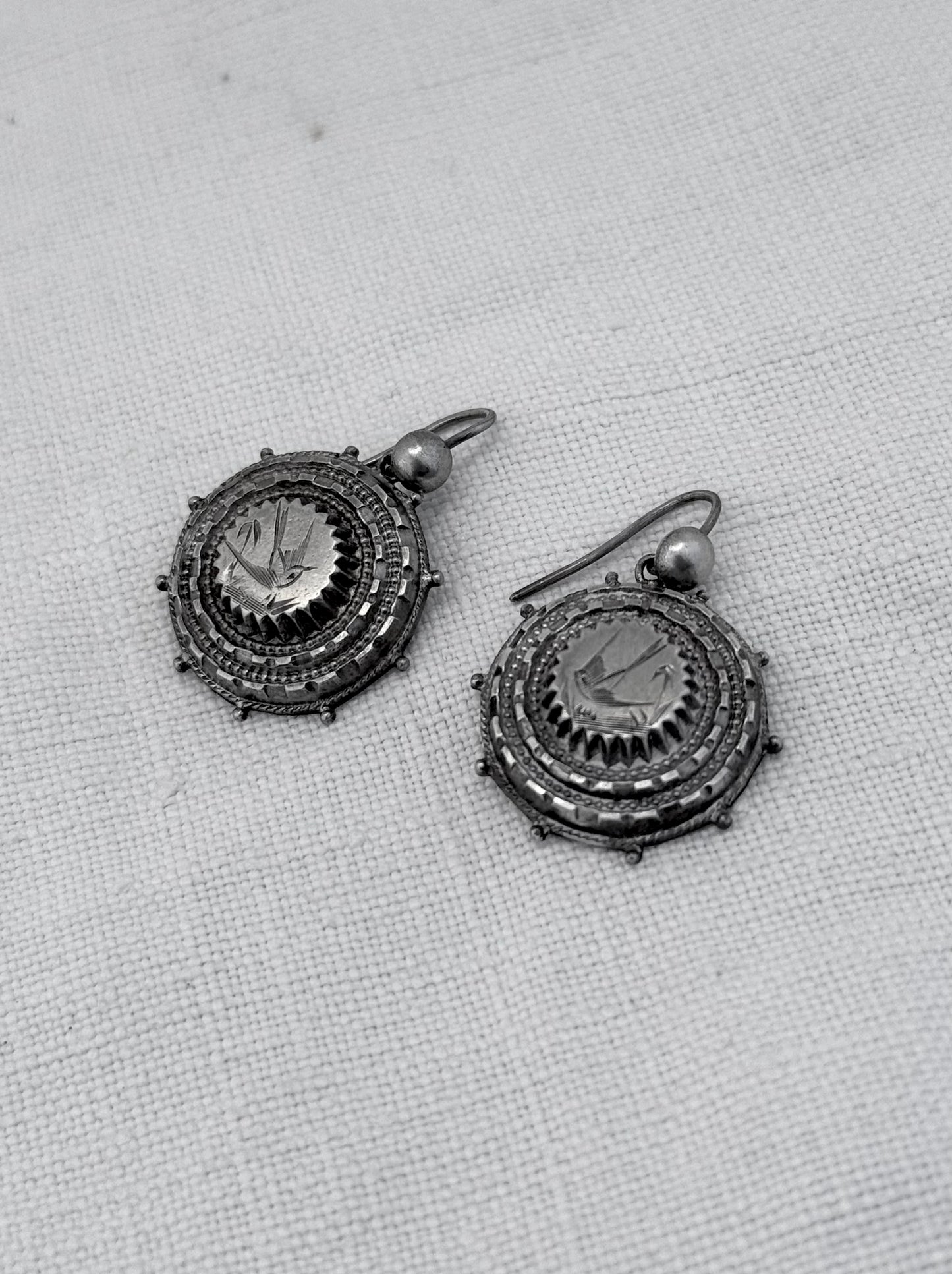 .1870s .1890s .925 Aesthetic Movement Etruscan revival rare and magnificent Victorian antique silver swallow bird sweetheart drop earrings
