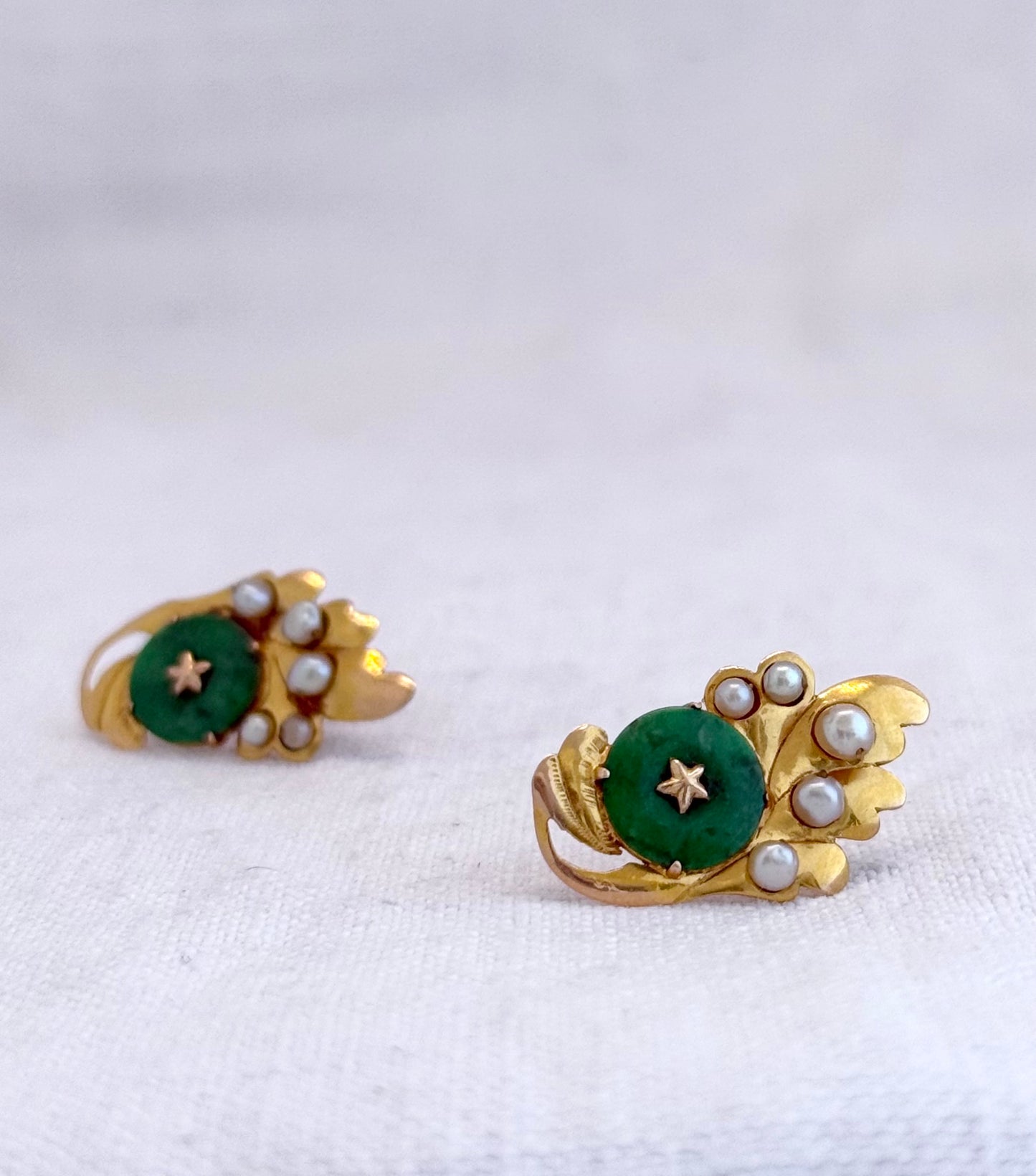 .14ct .1920s Apple Green Art Deco era Chinese Jade and pearl high yellow carat gold leaf earring with Apple green Jadeite star set seed pearl Chinese 1920s era antique high carat gold post stud earrings