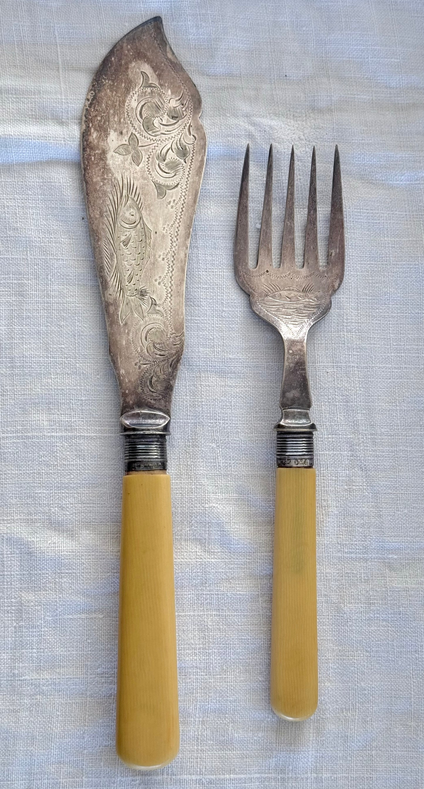 .1902 Antique Art Nouveau old world Fish Server Knife and Fork sterling silver and Silver Plated serving set