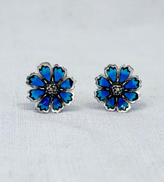 .1990s .925 silver and Plique a Jour enamel Daisy Marcasite gemstone post stud push in earrings